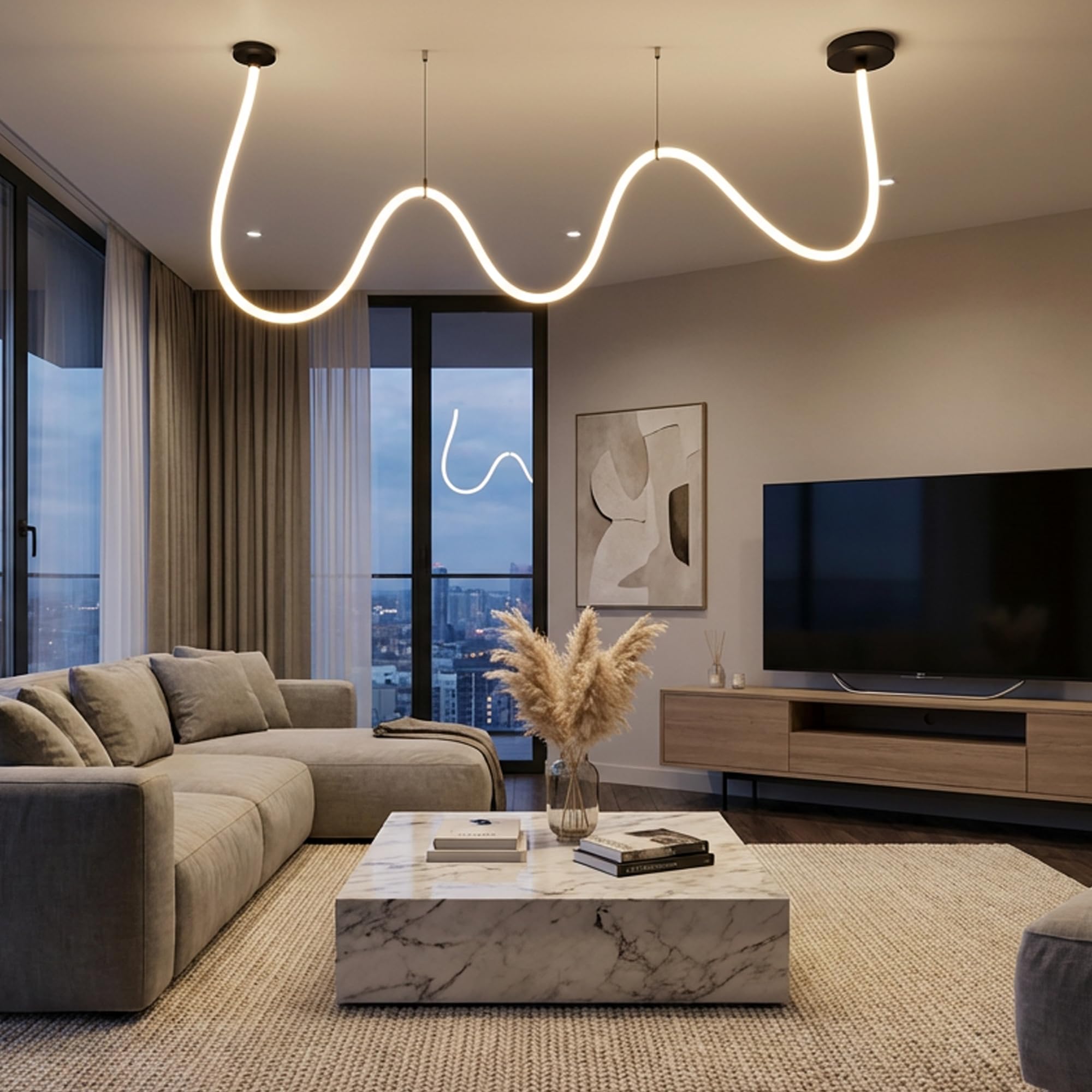Pendelleuchte LED mit Silikonschlauch und Fernbedienung, 3 Farbtemperaturen 3000 K–6000 K Deckenleuch, 68W, flexibles Design für Schlafzimmer, Wohnzimmer und Gewerberäume