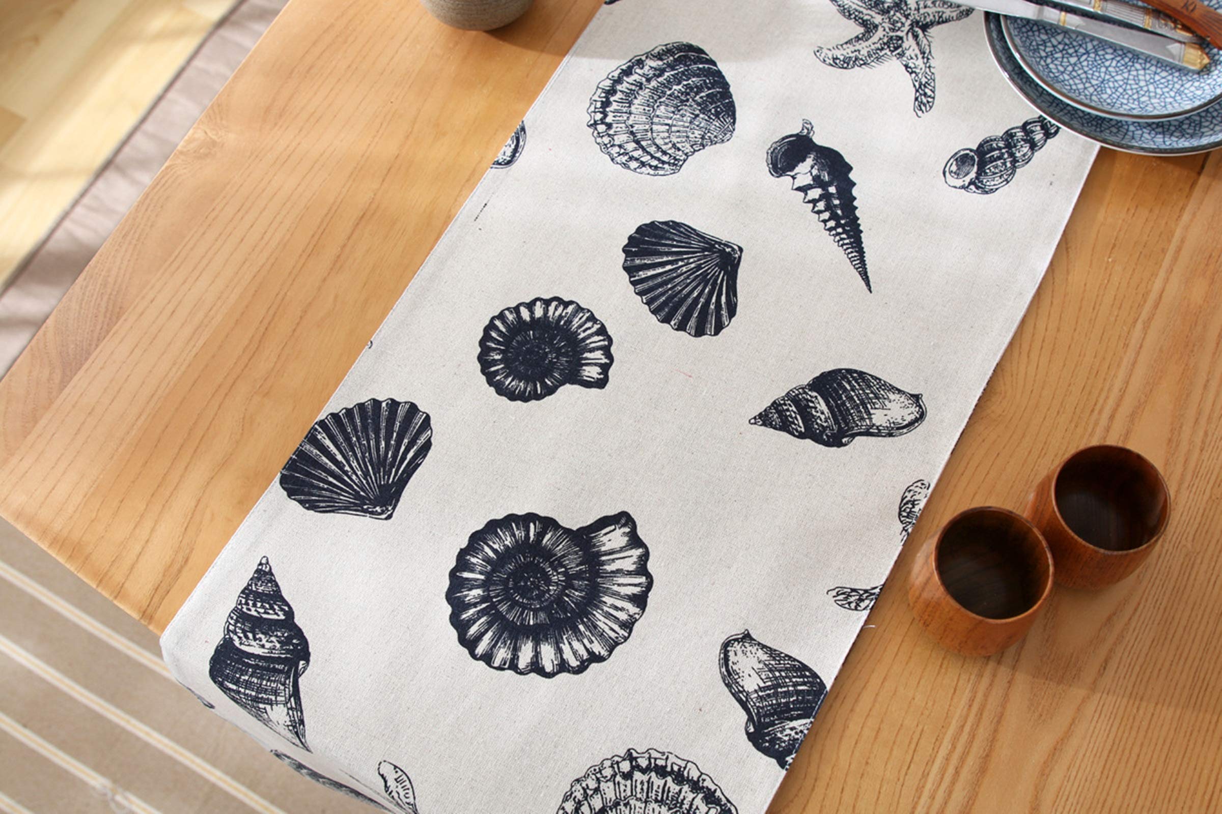 Tischwäsche Landhaus, Tischläufer Deko Grau Muschel Seestern Tischläufer Cotton 33x240CM