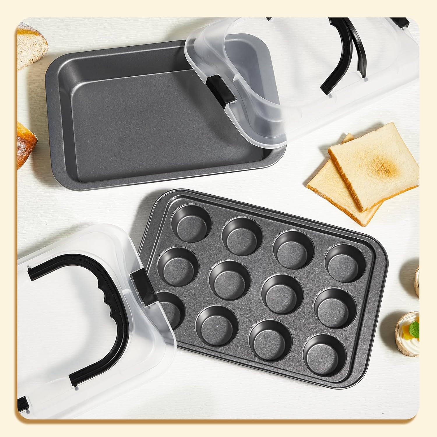 Qinyoung 2 Pcs 9" x 13" Cake Baking Pan with Lid 12 Cup Nonstick Muffin Pan with Handle Cupcake Carrier with Lid Carbon Steel Nonstick Bakeware for Brownie Baking Kitchen Cooking Holiday Party