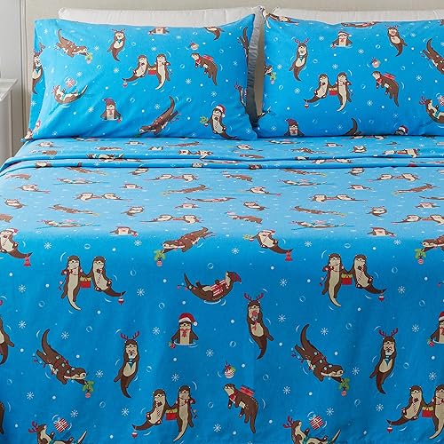 Great Bay Home Juego de sábanas de Navidad de franela de algodón turco 100 %, bajera con gran caída lateral, suaves, para una cama cálida,