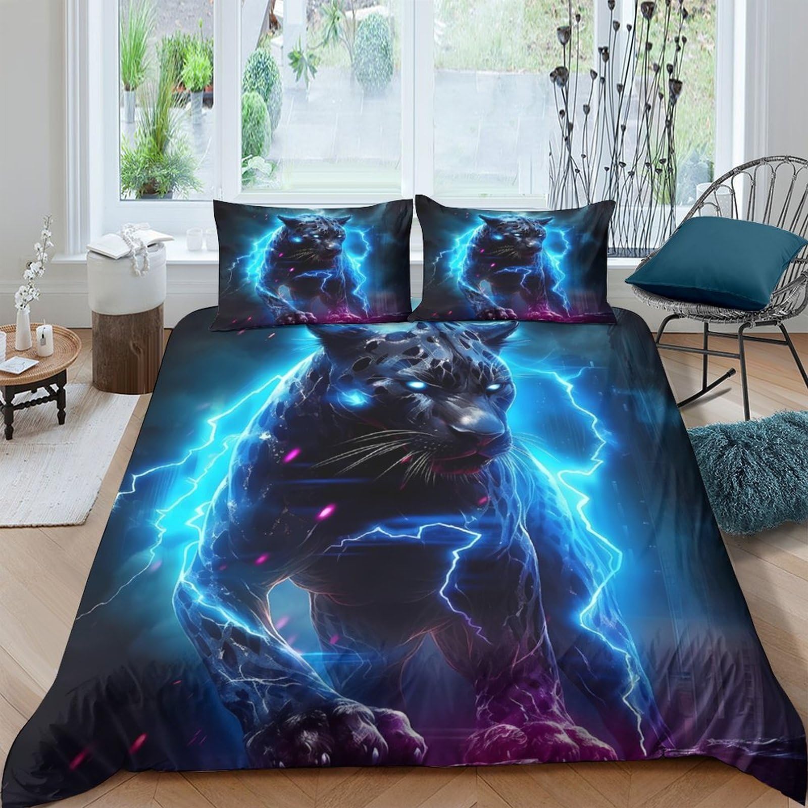 Ctjqhvkz Style-3 3D Printed Electric Panther Fitted Sheet Microfiber Soft Blue Lightning Bed Cover For Bedroom Dorm Mattress Protection Single（135X200cm）