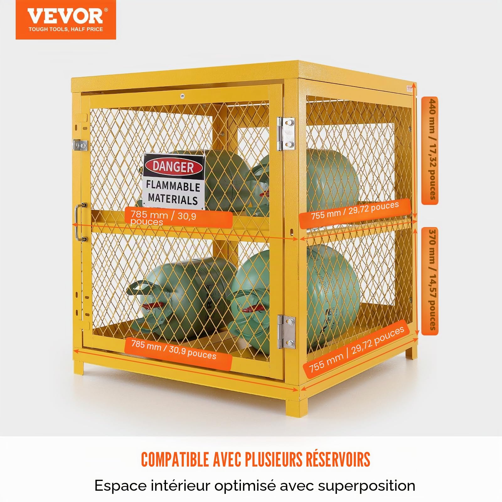 VEVOR Armoire de Sécurité pour Bouteilles de Gaz 78,8x76,3x88,9 cm, Cage pour Bouteille de Propane Capacité 4x15 kg, Revêtement en Poudre Jaune, Cabine de Stockage pour Fréon, Gaz, Oxygène, Azote