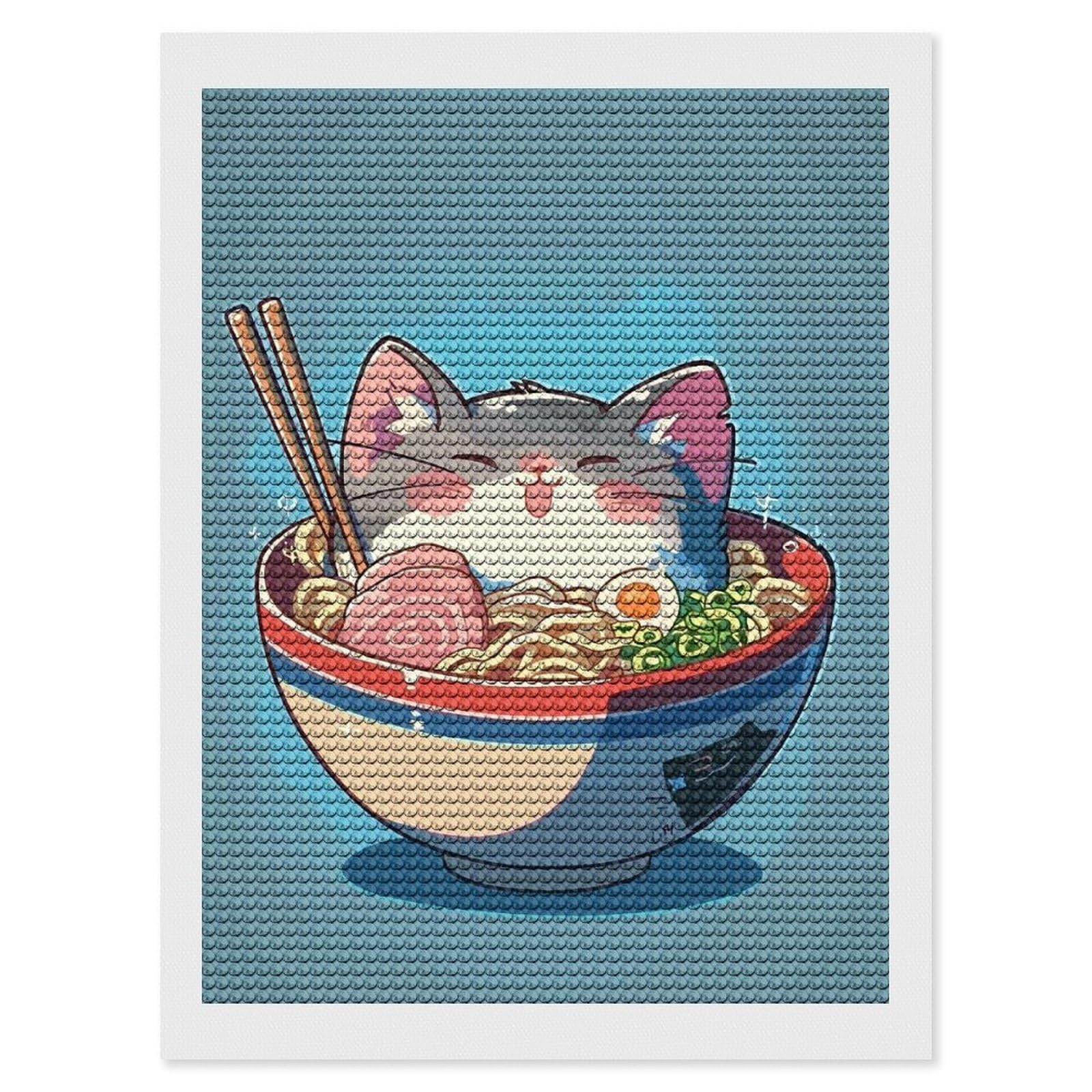Junmoney Anime Ramen Noodle Cat Diamond Art Canvas 12"x16", for Family Craft Time, Creative Leisure Activity, Living Room Decor, Festive Craft Gift