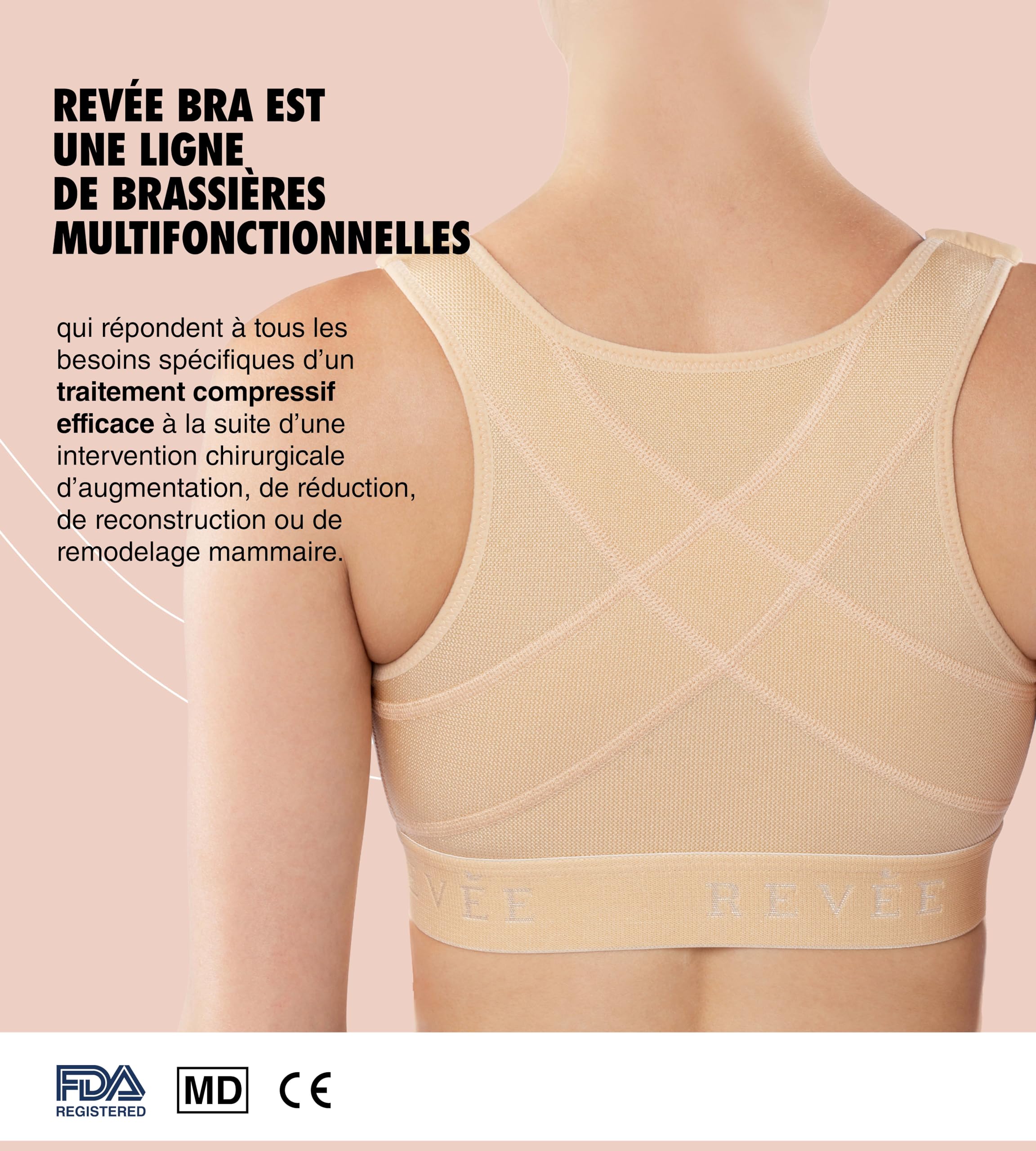 RÉVÉE Bra Elodie Brassière Post Opératoire - Soutien Gorge de Compression Postopératoire avec Ouverture Frontale, Augmentation ou Réduction Mammaire, Substitution de Prothèse, Blanc/Noir
