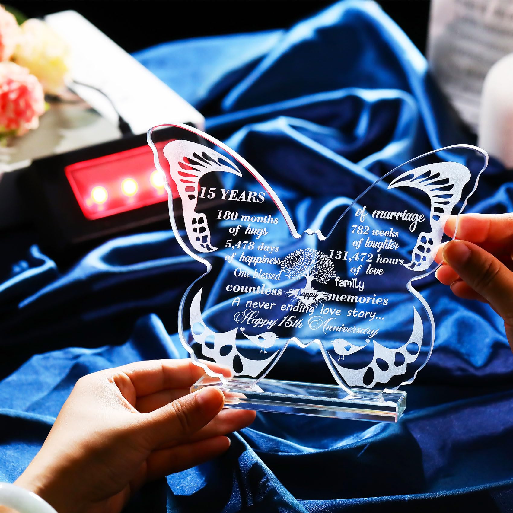 Ornalrist Happy 15th Wedding Anniversary Romantic Gifts for Couples Wife 13.6cm Glass Butterfly-shaped 15 Years of Marriage Keepsake with LED Base Ideas Presents for Friends Daughter - Image 2