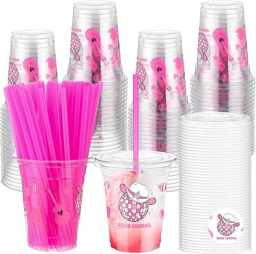 Blushtier 100 Set 12 oz Cowgirl Plastic Cups with Lid and Pink Straw Drinking Clear Cowgirl Reusable Cups Party Supplies for Preppy Party Decoration Women Gift