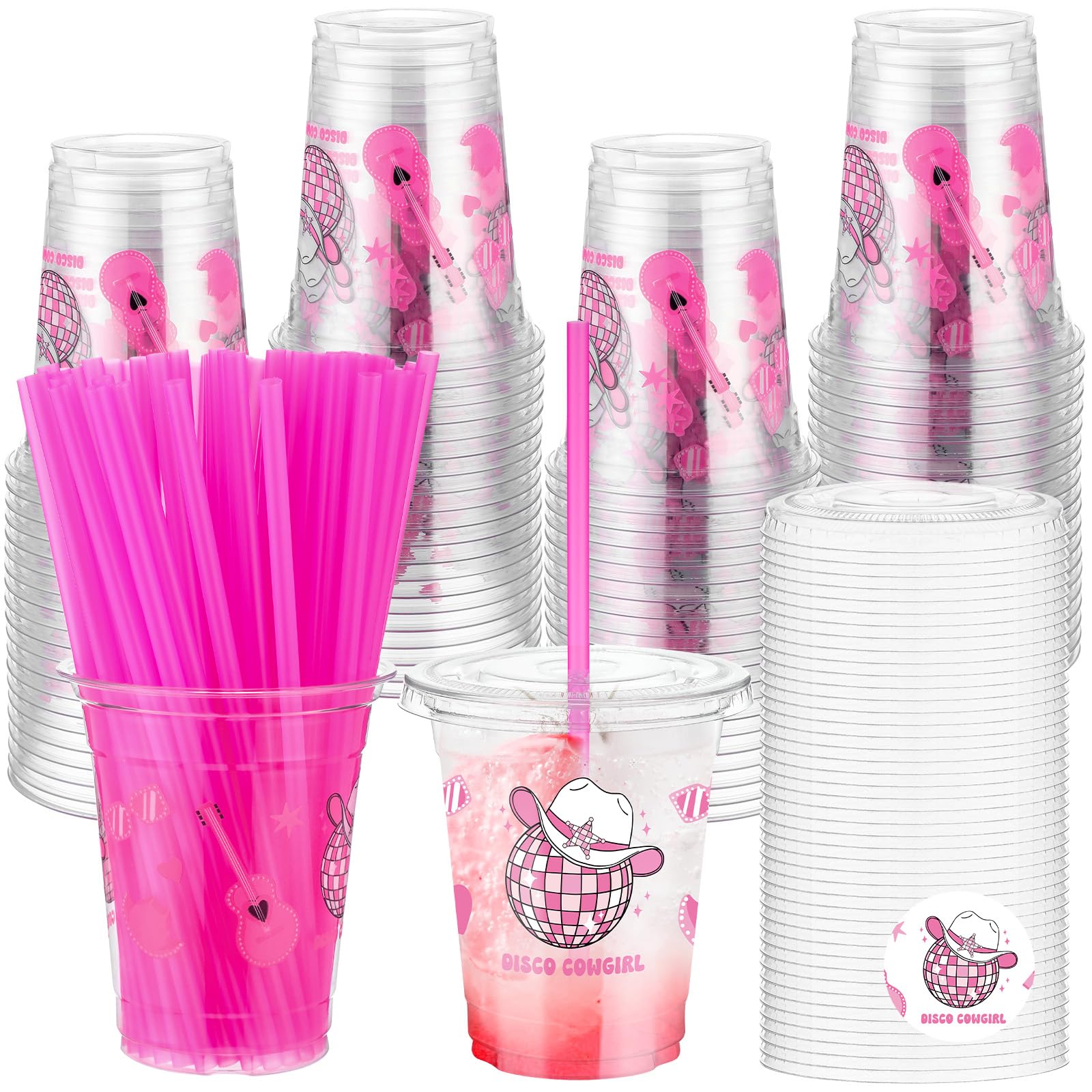 Blushtier 100 Set 12 oz Cowgirl Plastic Cups with Lid and Pink Straw Drinking Clear Cowgirl Reusable Cups Party Supplies for Preppy Party Decoration