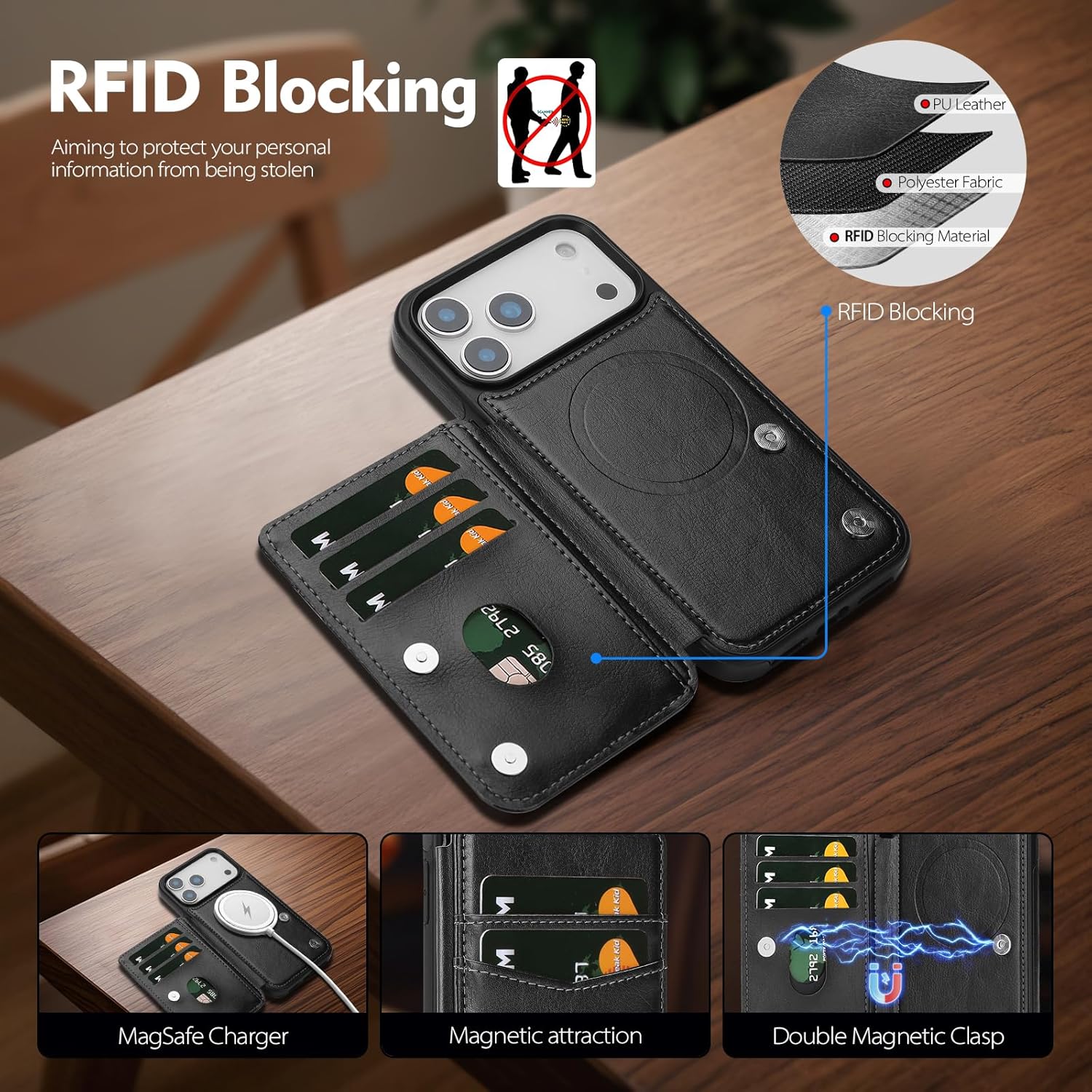 Compatible with Magsafe for iPhone 17 Pro Wallet Case with Card Holder,Women Men Phone Case PU Leather Kickstand Flip Protective Cover Credit Card Slots,for Apple 17 Pro,Black - Image 3