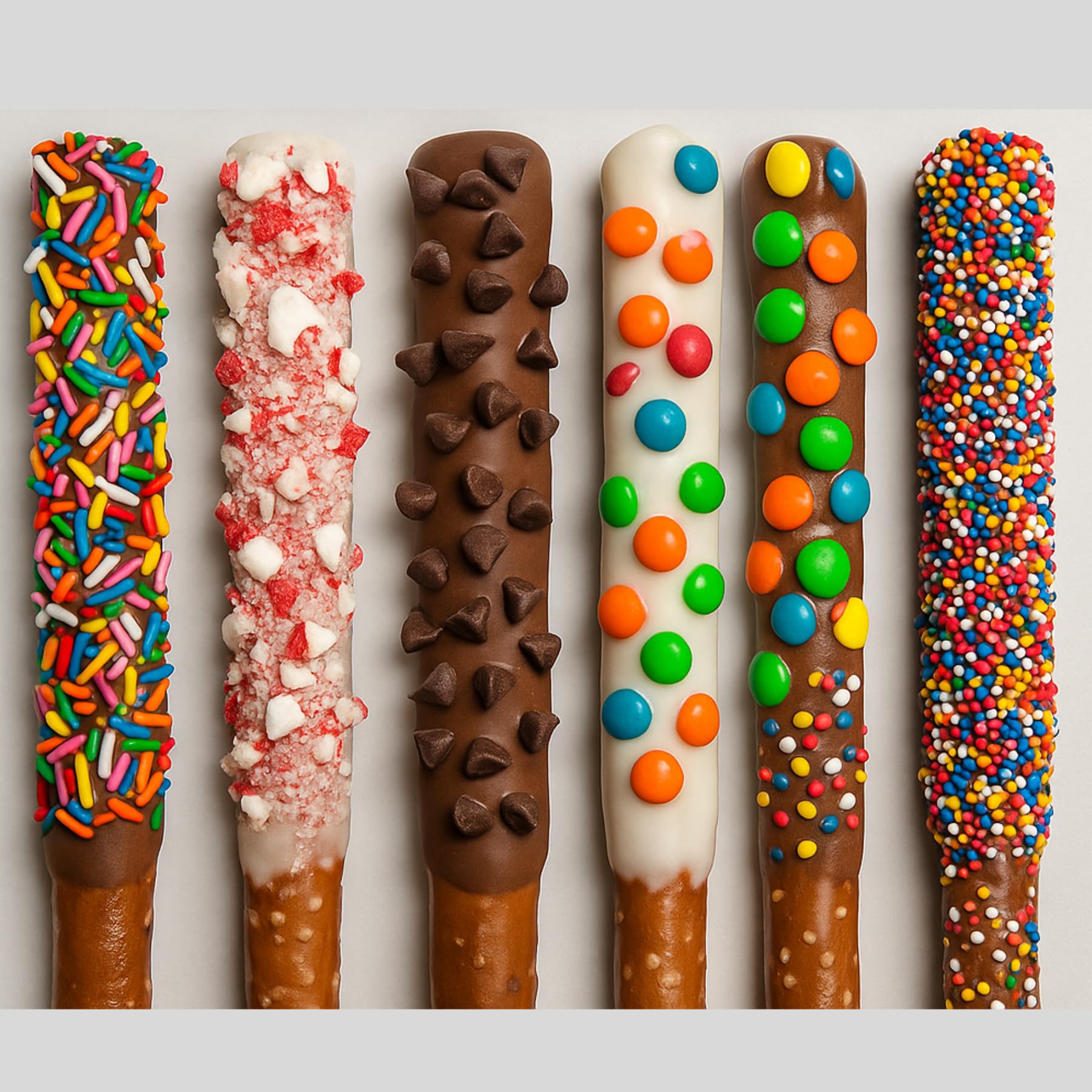 Chocolate Covered Pretzel Rods Gourmet Pretzel Sticks with Rainbow Sprinkles & Assorted Toppings Bulk 50 pack Individually Wrapped Chocolate Covered