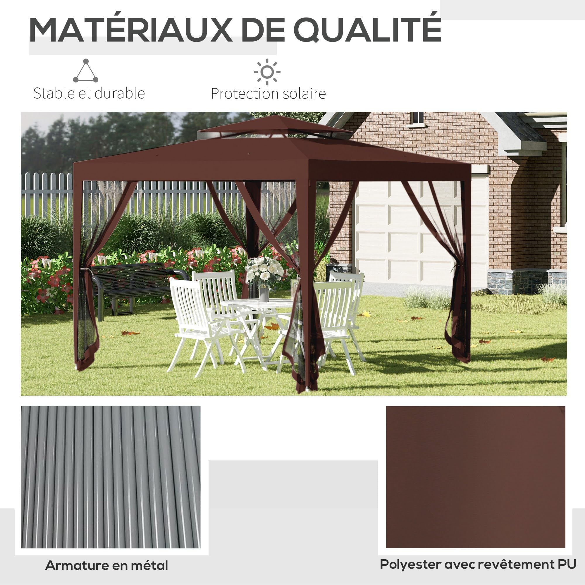 Outsunny Tonnelle Barnum de Jardin 3L x 3l m avec 4 moustiquaires Amovibles - Double Toit - Marron