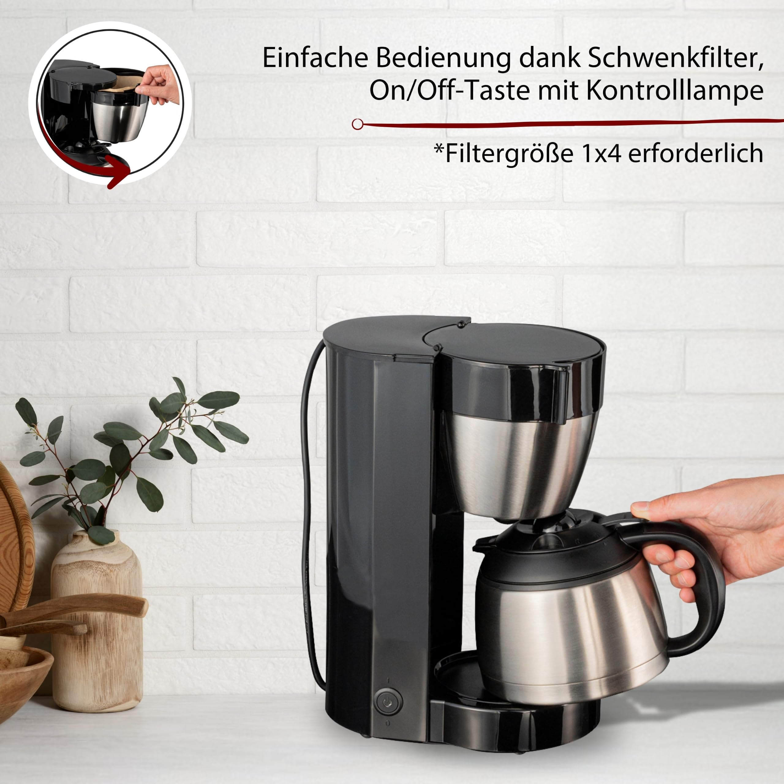 Cloer 5009 Filterkaffeemaschine für 8 Tassen, optionale Warmhaltefunktion, Tropfstopp & Auto-Off, Isolierkanne, Filtergröße 1x4, Edelstahl, schwarz 800 W