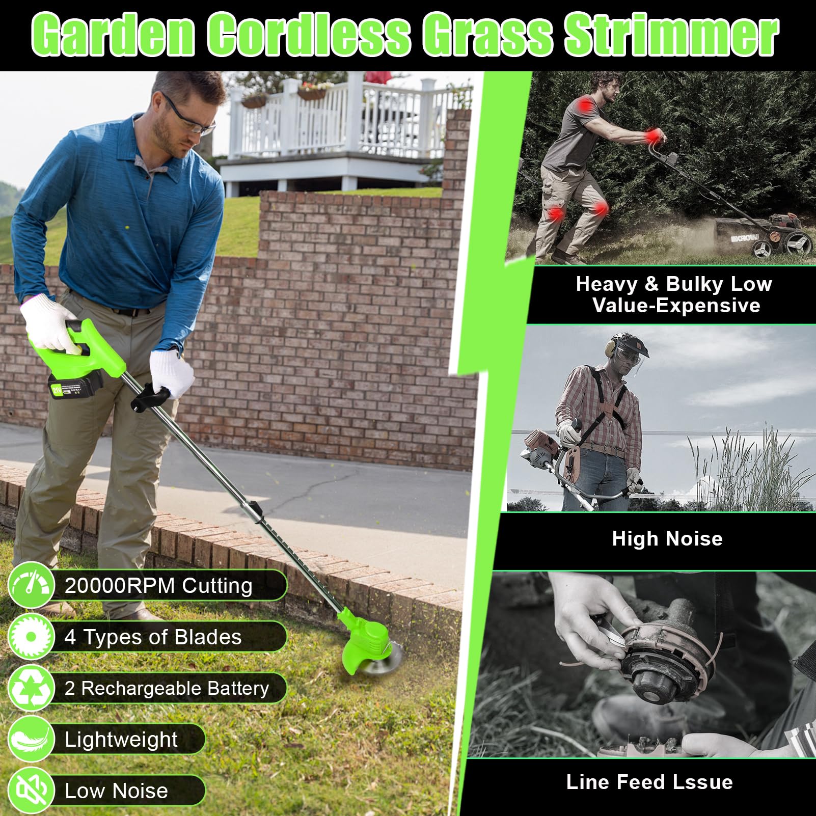 Cordless Strimmer Garden Strimmer Battery Strimmers Cordless Equipped With 2 Rechargeable Batteries 3-In-1 Strimmer Cordless Grass Trimmer Grass Cutter Low Noise Electric Garden Strimmer — view 7