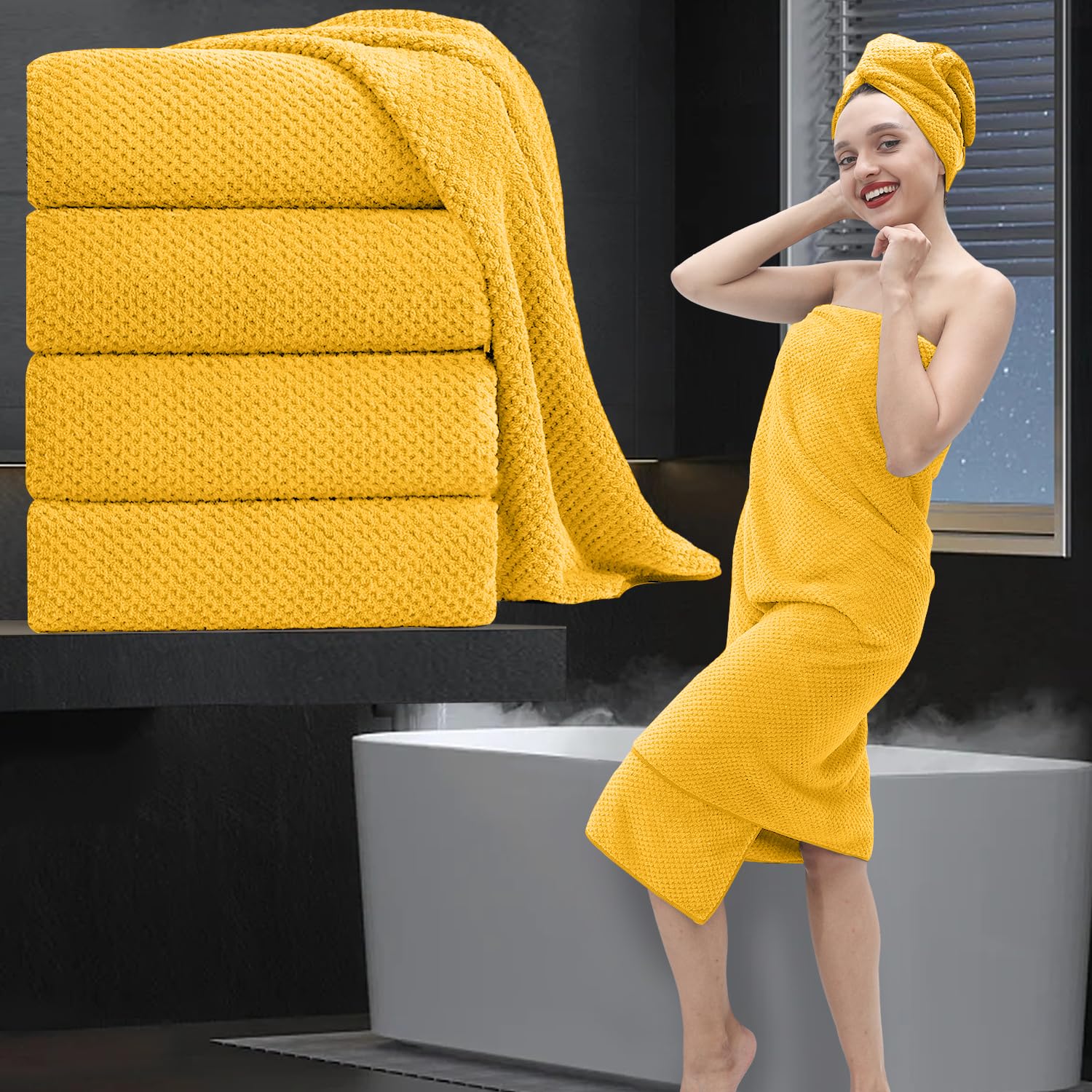 MAGGEA Extra Large Bath Towel Set of 4 (35"x70"),Oversized Bath Sheet Super Soft Highly Absorbent Jumbo Bathroom Towel Set Microfibers Quick Dry Shower Towel for Hotel,Bathroom,Guest,Spa,Gym (Yellow) — image 1