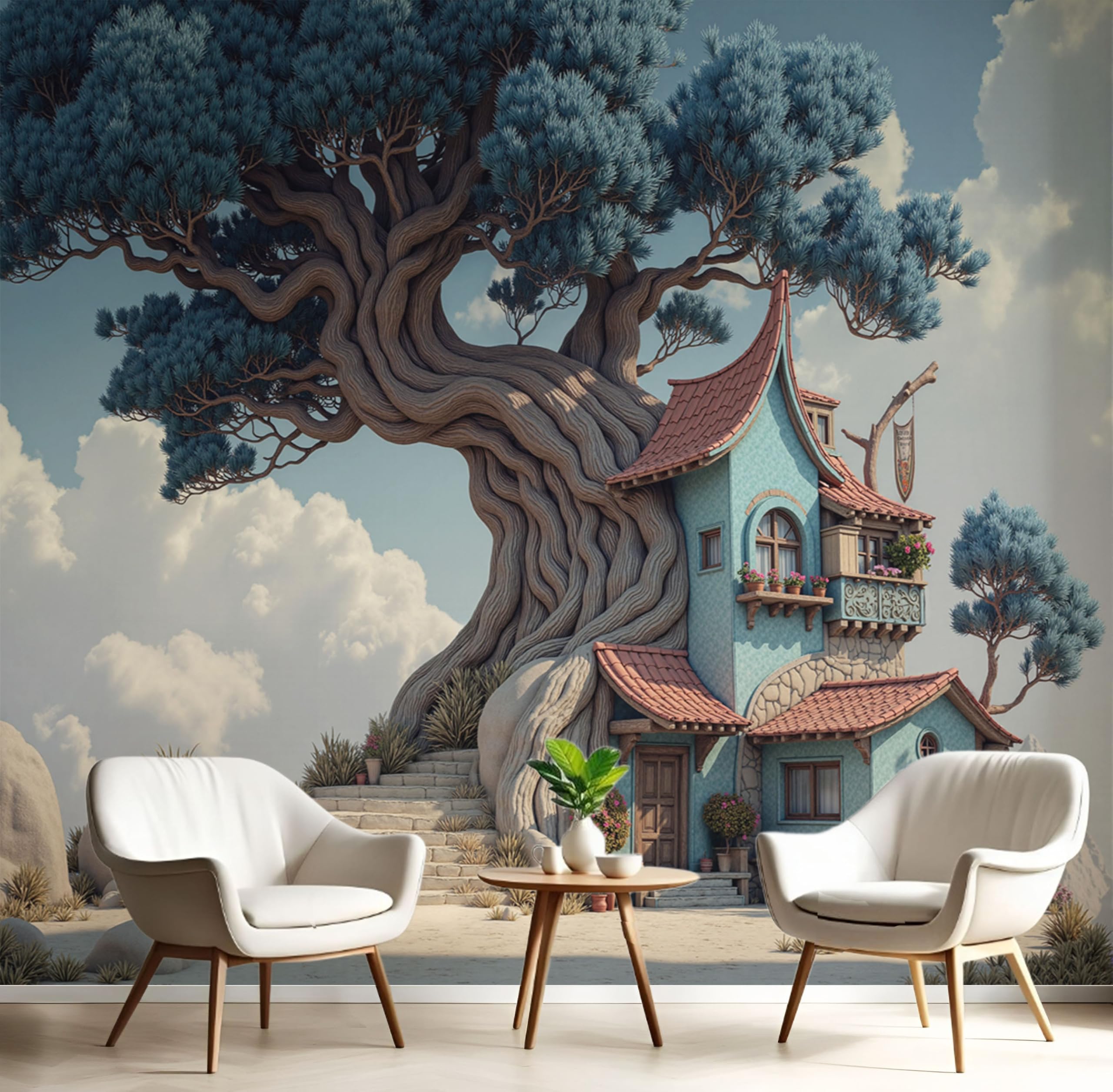 Papier Peint Cabane Dans Arbres 3D Bleu Marine Fresque