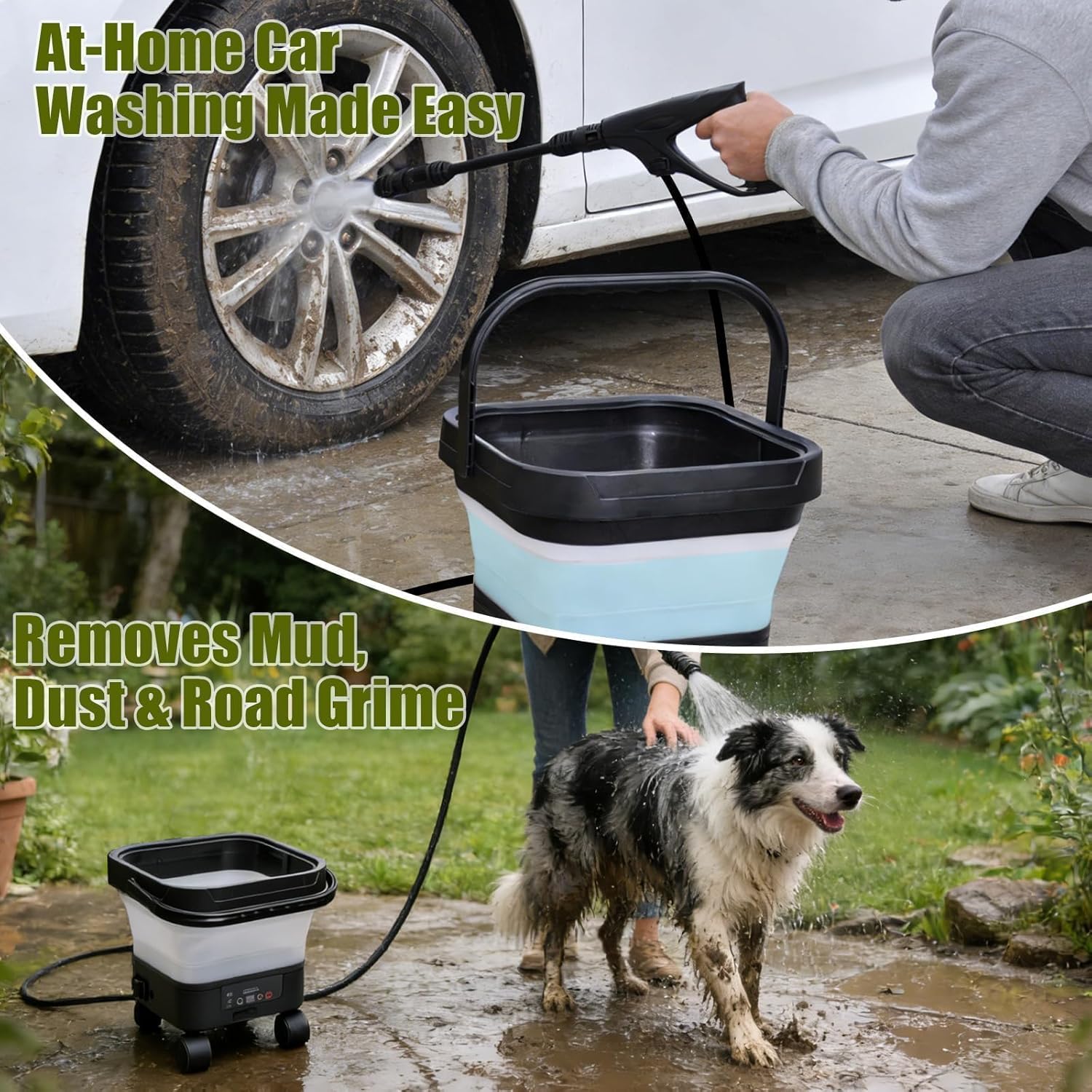 Portable Cordless Pressure Washer with 3.4Gal Tank, 580PSI Max, 7-Level Adjustable Sprayer, 360° Nozzle, 23FT Hose, 20000mAh Battery, Foldable Design with Wheels for Car, Camping, Garden