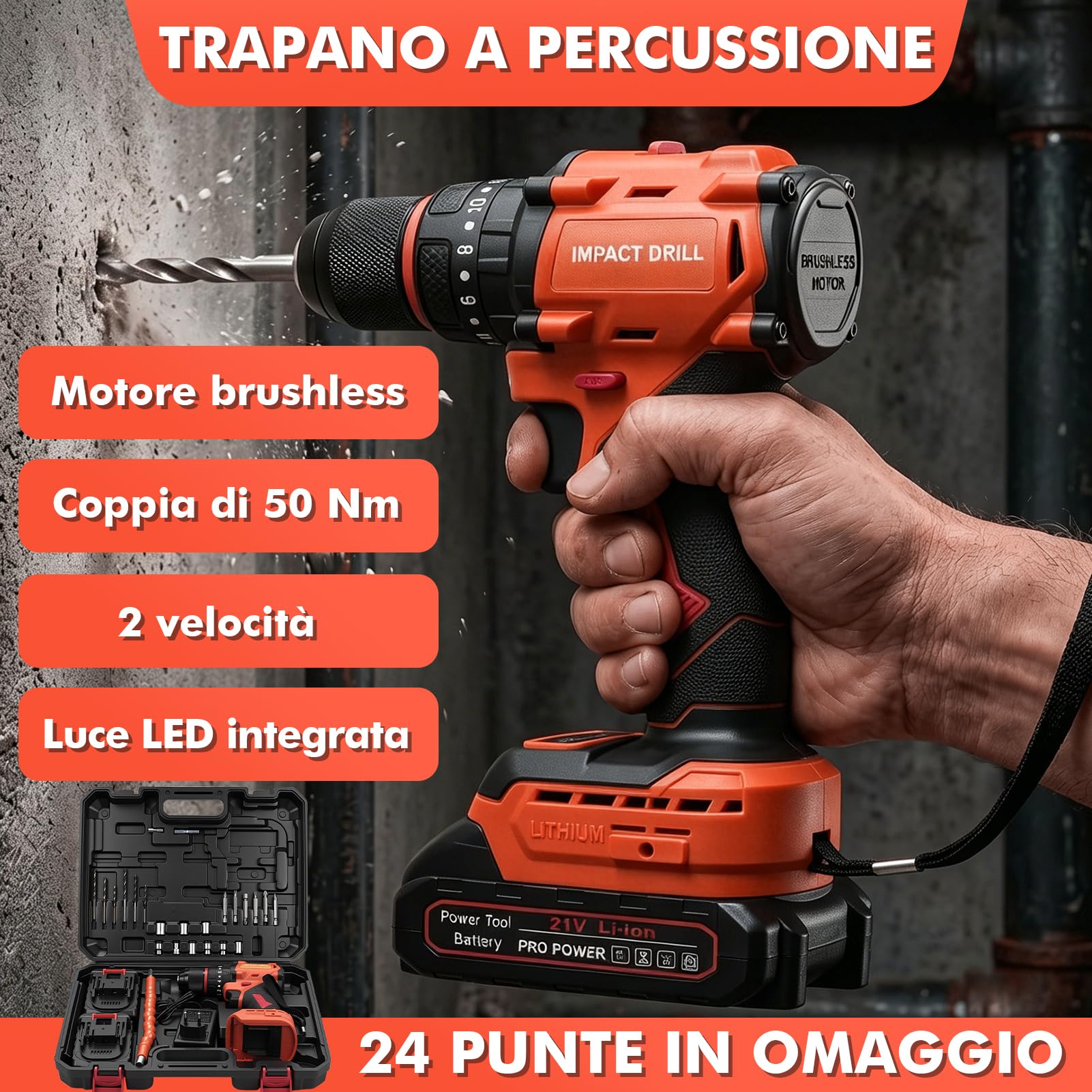 Trapano a Percussione a Batteria 21V, Avvitatore a Batteria 50Nm Brushless | 2 Batterie 1.5Ah, 20+1 Coppie, 2 Velocità, 24 Punte, Luce LED per Riparazioni, Fai da Te, Montaggio Mobili, 10mm Mandrino