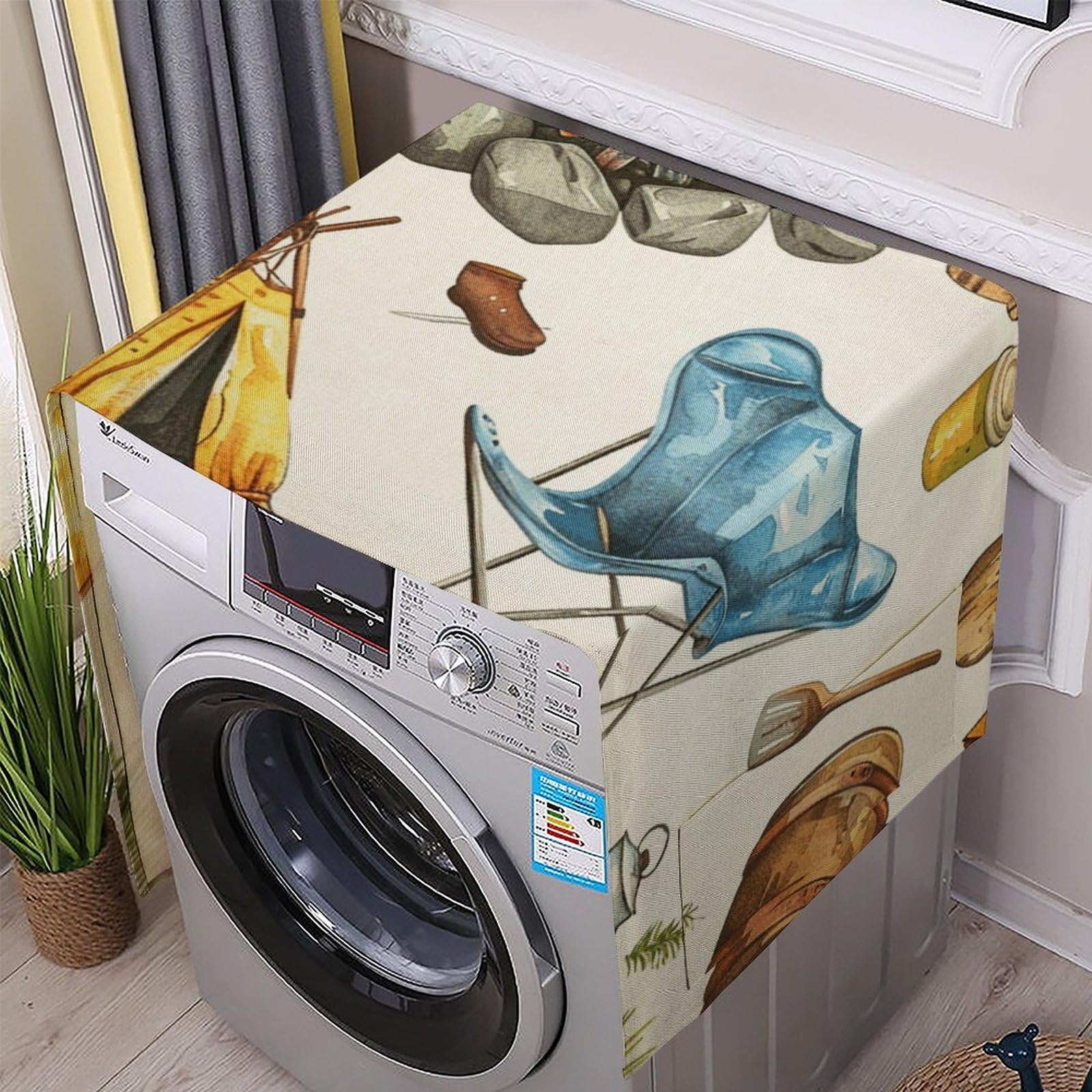 Camping Equipment Pattern Washer And Dryer Cover with Storage Pockets for The Top Load Dustproof Washing Machine Cover Flax Appliance Protector Mat Pad Home Kitchen Laundry Room Accessory 54.5x20.5 In