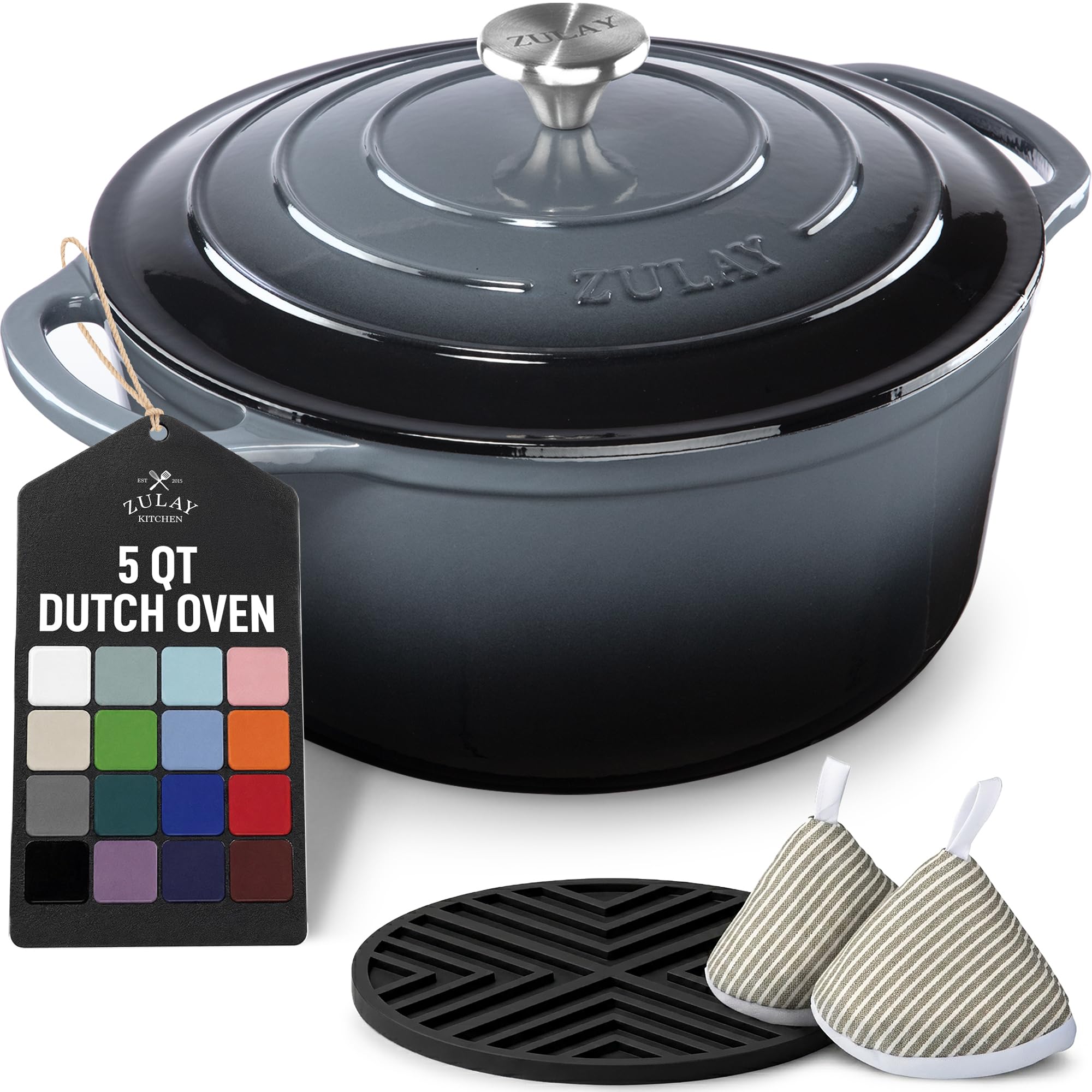 Zulay Kitchen 5 Quart Enameled Cast Iron Dutch Oven Pot with Lid – Premium Durability &amp; Oven Safe up to 500°F – Heavy Duty Cookware Perfect for Bread Baking, Stews, Braising &amp; Roasting – Gray
