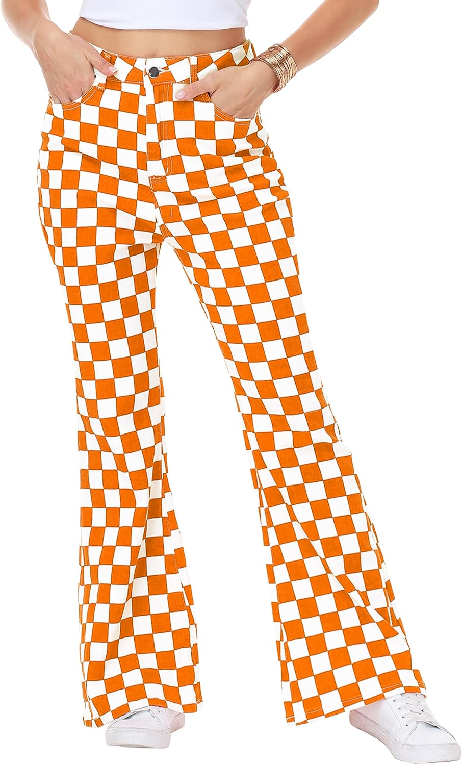 Womens High Waisted Plaid Bell Bottom Jeans Stretch Checkered Flare Denim Pant - Image 2