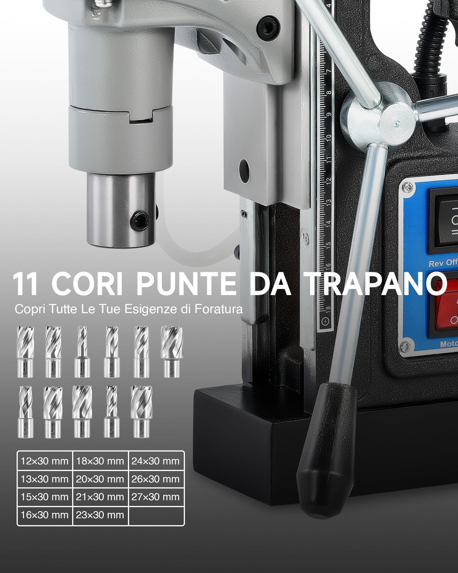ZELCAN 1550W Trapano a Colonna Magnetico con 11 Punte 13000N Trapano Magnetico a Foratura di 50mm Corsa di 23cm 580 rpm Controllo Reversibile Velocità Continuo per Superfici Metalliche