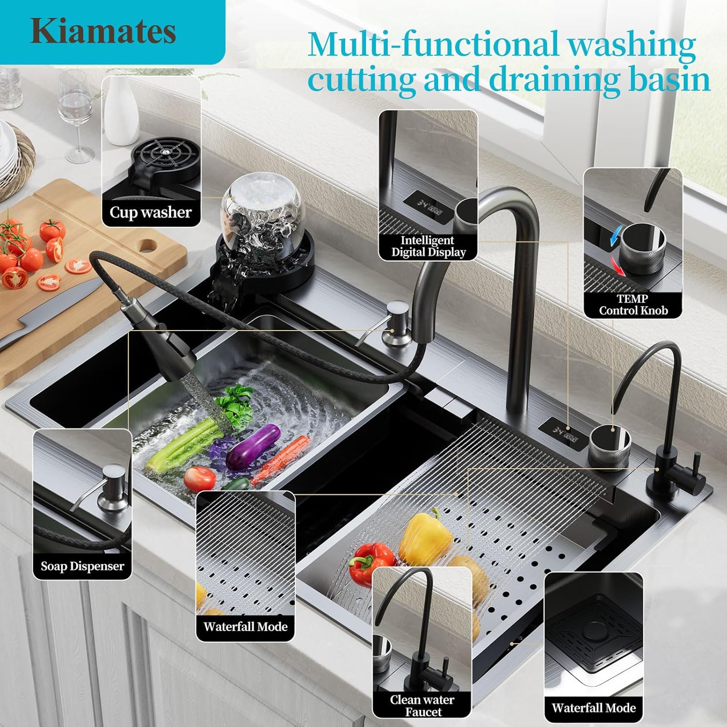 Smart Waterfall Kitchen Sink 29.5 Inch, Black Stainless Steel Workstation Sink with Digital Display Faucet, Drop In Single Bowl Kitchen Sink with Accessories, Modern Deep Kitchen Sink