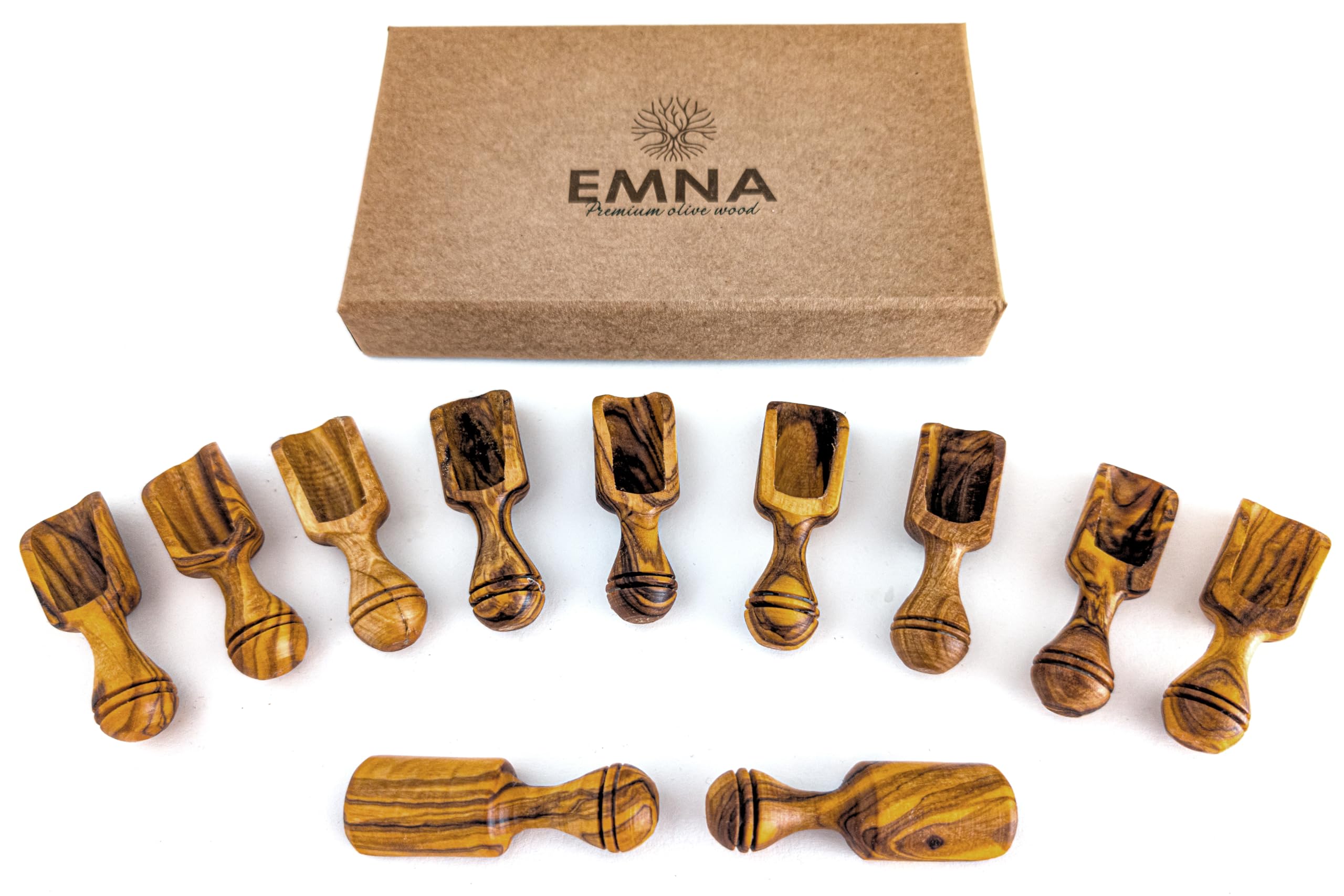 EMNA - 11 x superfici in legno d'ulivo, piccole circa 6 cm, lussuosa idea regalo, regalo in legno d'ulivo, regalo di Natale per la festa della mamma, spezie, decorazione per cucina, legno