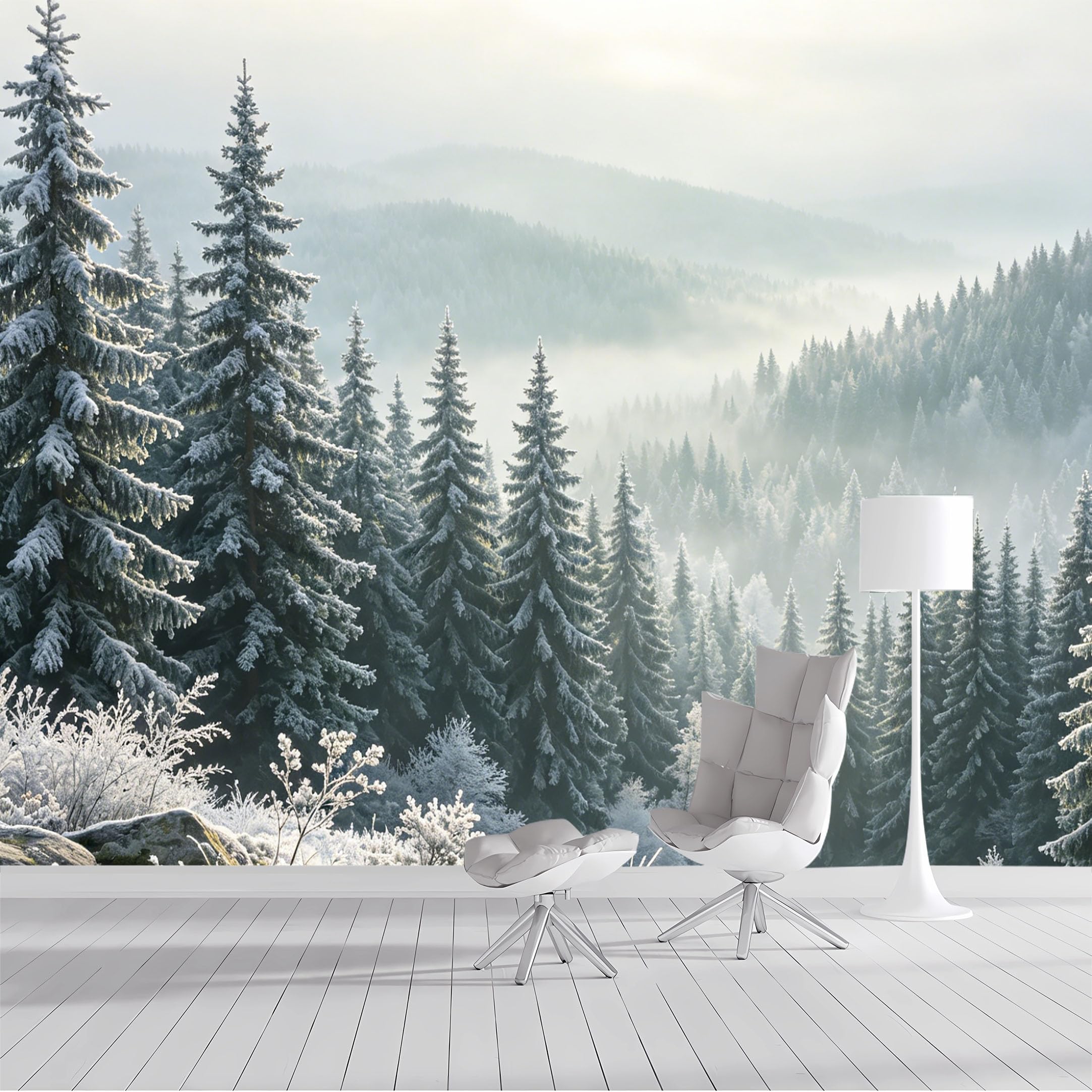Custom Size Wall Mural Snowy Pine Forest Winter Landscape Morning Mist Mountain Nature Scenery SelfAdhesive Wall Fabric Removable Peel and Stick Wallpaper Wall Decor for Living Room Bedroom