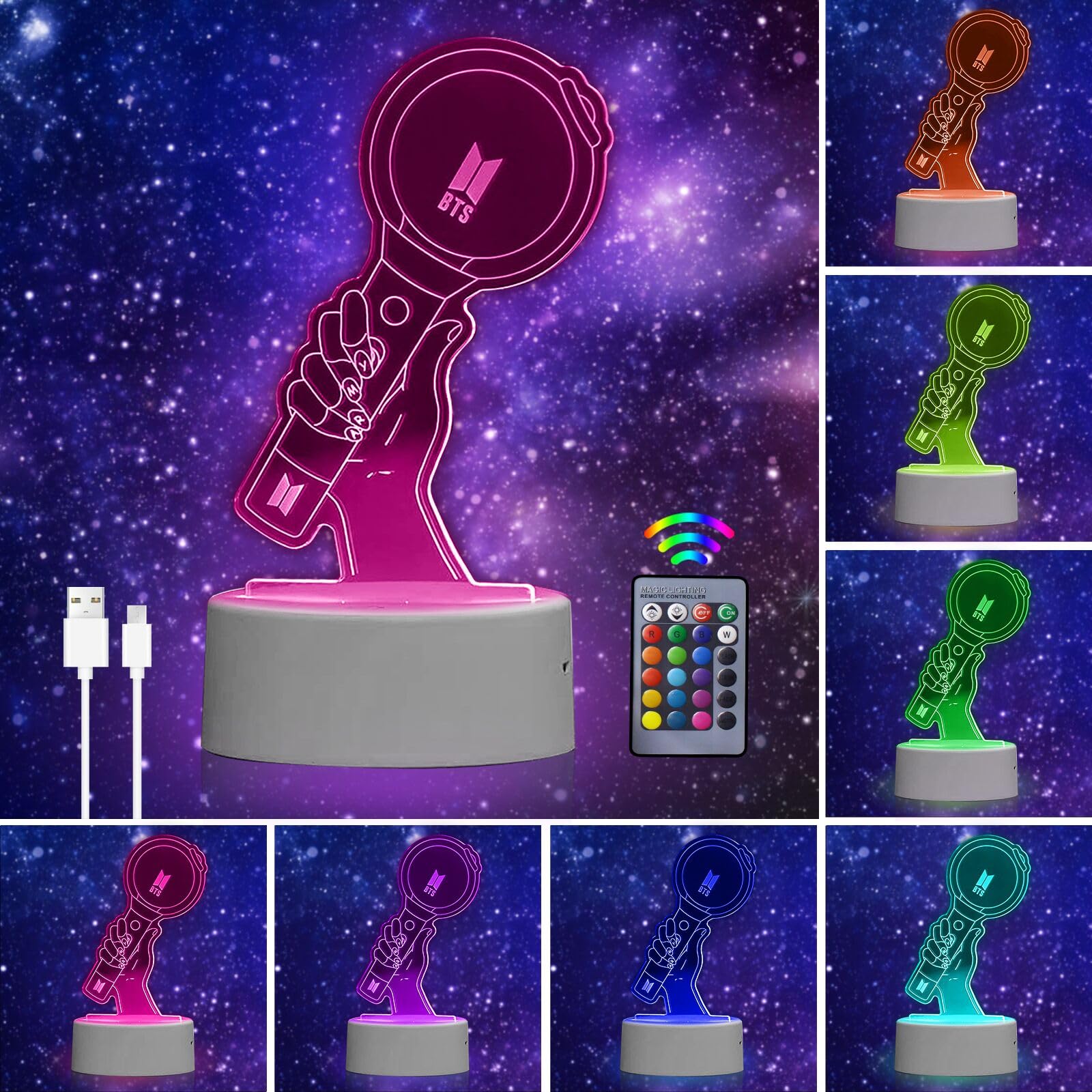Kpop BTS Luce notturna 3D BTS lampada da comodino BTS Telecomando 16 Colori Cambiamento LED Illusion Lampada E Arte Deco Lampada per Ragazzo Ragazza Camera Decorare Regalo di compleanno Natale