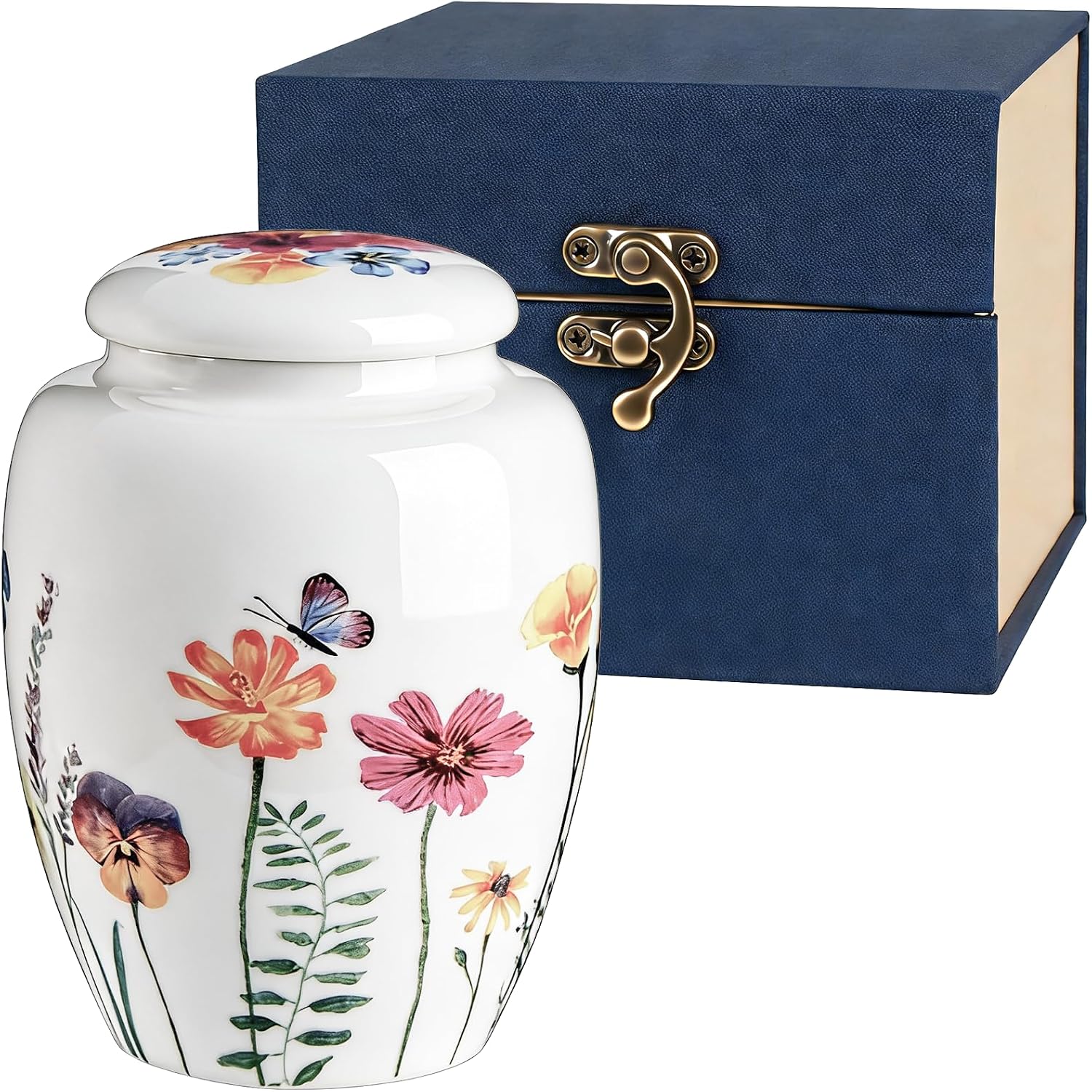 Small Keepsake Sharing Urn – Ceramic Cremation Urn for Human or Pet Ashes – Hand-Drawn Flowers Small Memorial Token Urn with Precious Gift Box Perfect Tribute & Gift for Families