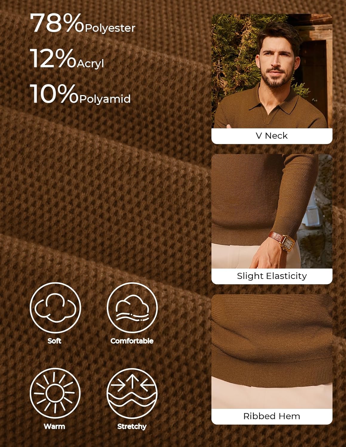 PJ PAUL JONES Mens Sweater Long Sleeve V Neck Pullover Sweater Knitted Textured Sweater - Image 3