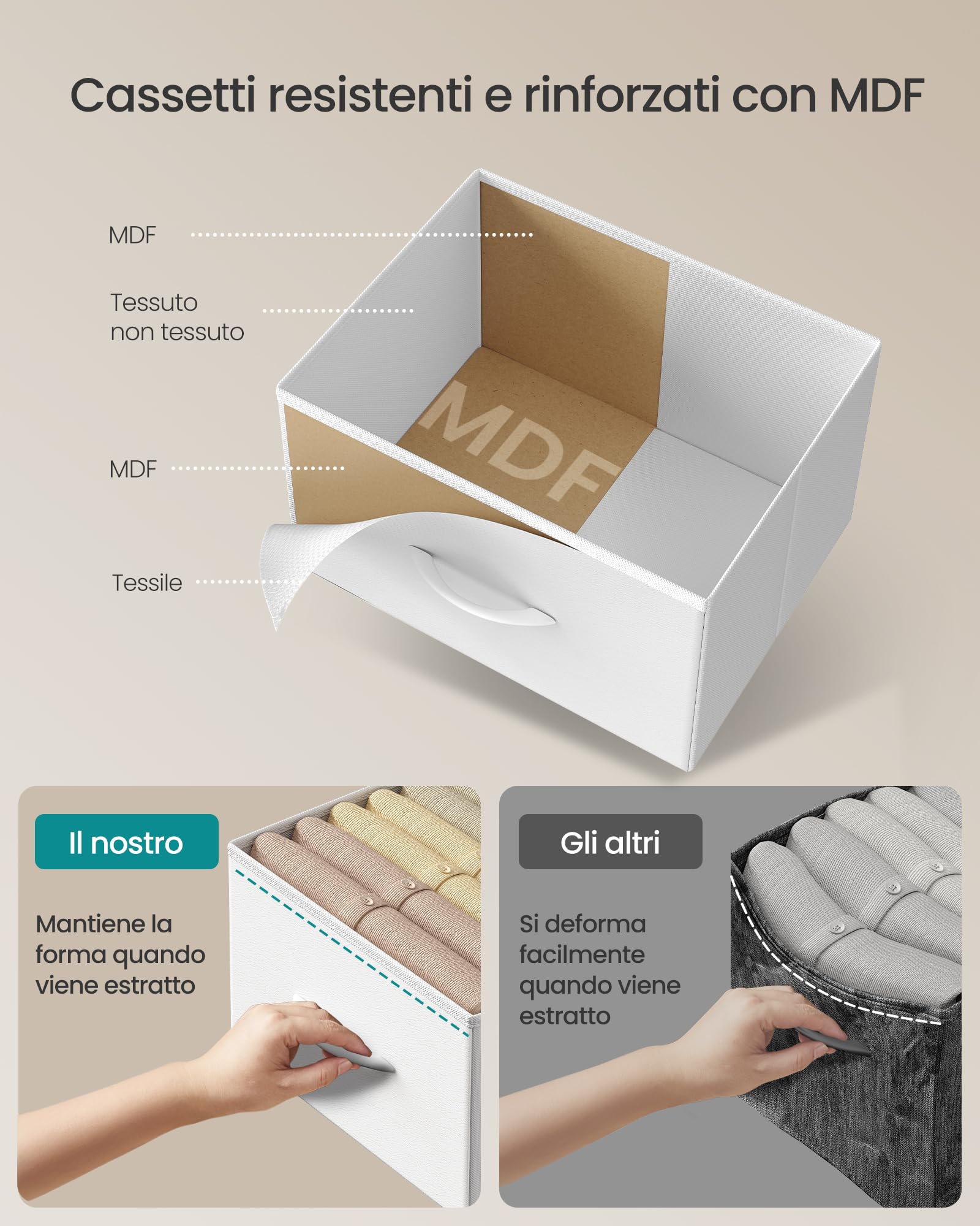 SONGMICS BELLAH Collezione - Cassettiera con 4 Cassetti in Tessuto, Acciaio, MDF, Tessuto Non Tessuto, per Camera da Letto, Armadio, Corridoio e Soggiorno, Bianco Nuvola e Bianco Neve LGS314WH01