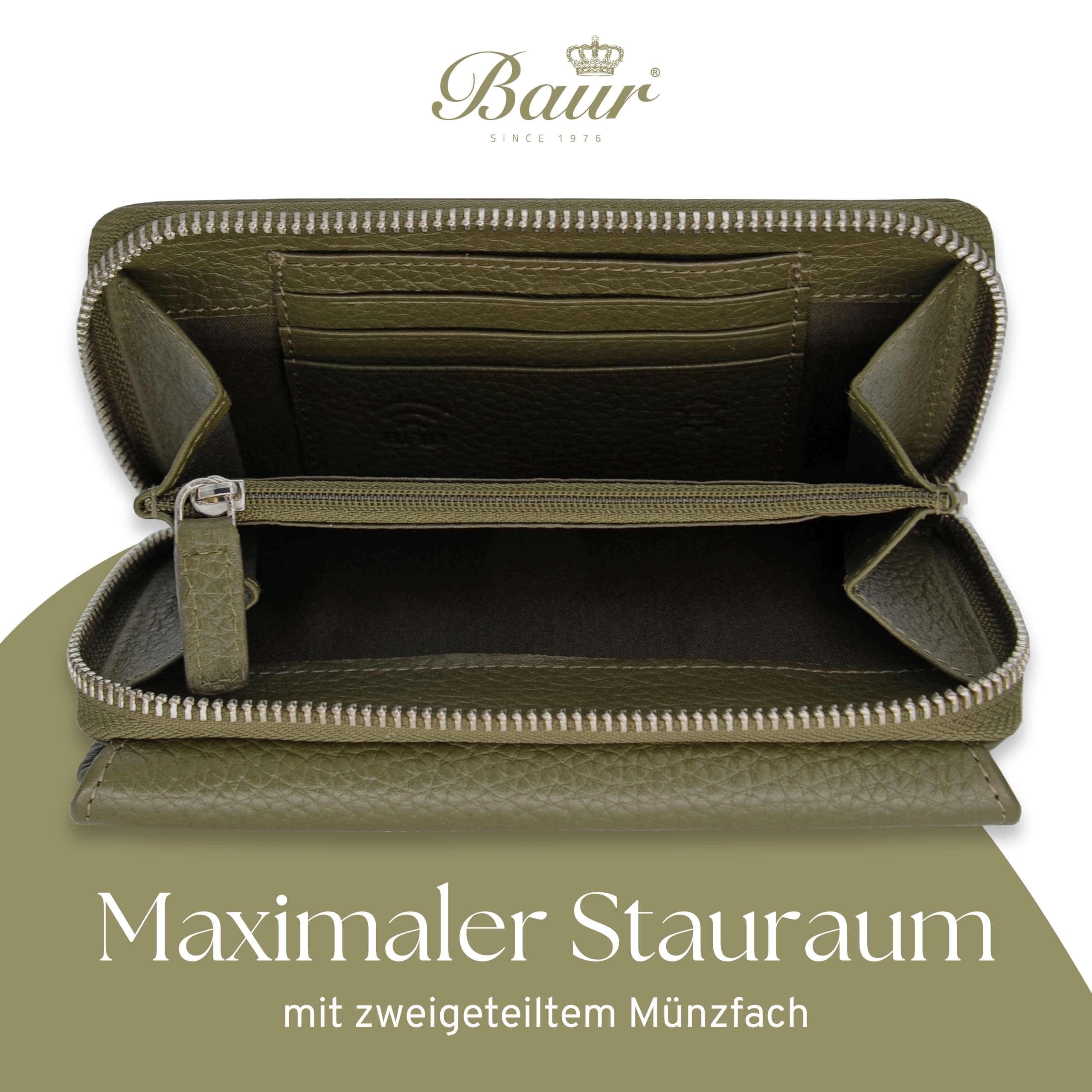 Baur - Große Damen Geldbörse aus echtem Leder mit RFID-Schutz (Olive-Grün) | Großes Portemonnaie, 14 Kartenfächer, Druckknopfverschluss, Münzfach mit Reißverschluss, geprägtes Rindsleder