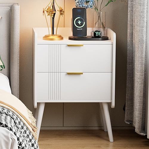 Miniatura 14 de Mesita de noche moderna con cajón de almacenamiento y estante abierto, mesita de noche pequeña, soporte lateral de sofá de madera para dormitorio,