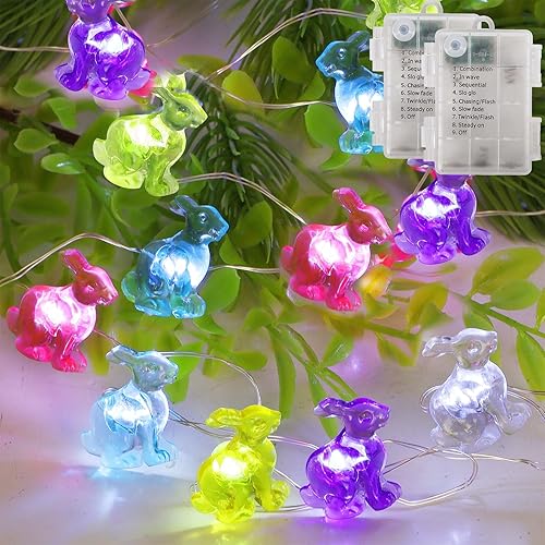 Guirnalda de luces de Pascua, 50 luces LED de 16 pies, cada conejo colorido funciona con pilas, luces en forma de conejo para interiores y