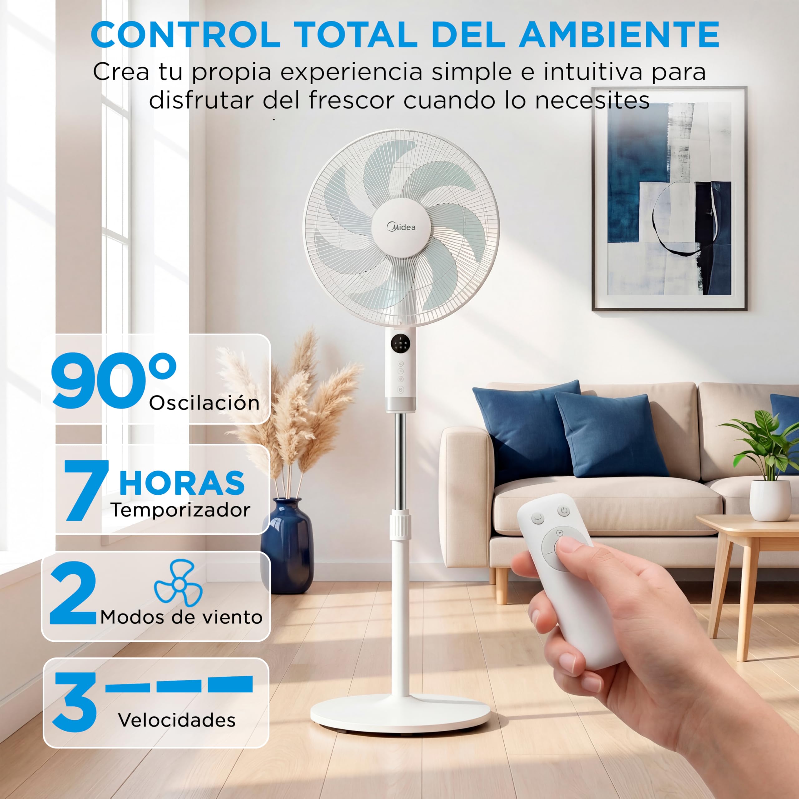 Midea Ventilador de Pie silencioso con Mando a Distancia y 3 velocidades - Ventilador Silencioso Oscilación 90º- Ventilador de Pie con Mando Temporizador 7h, Panel LED, Potente Motor, Altura Ajustable
