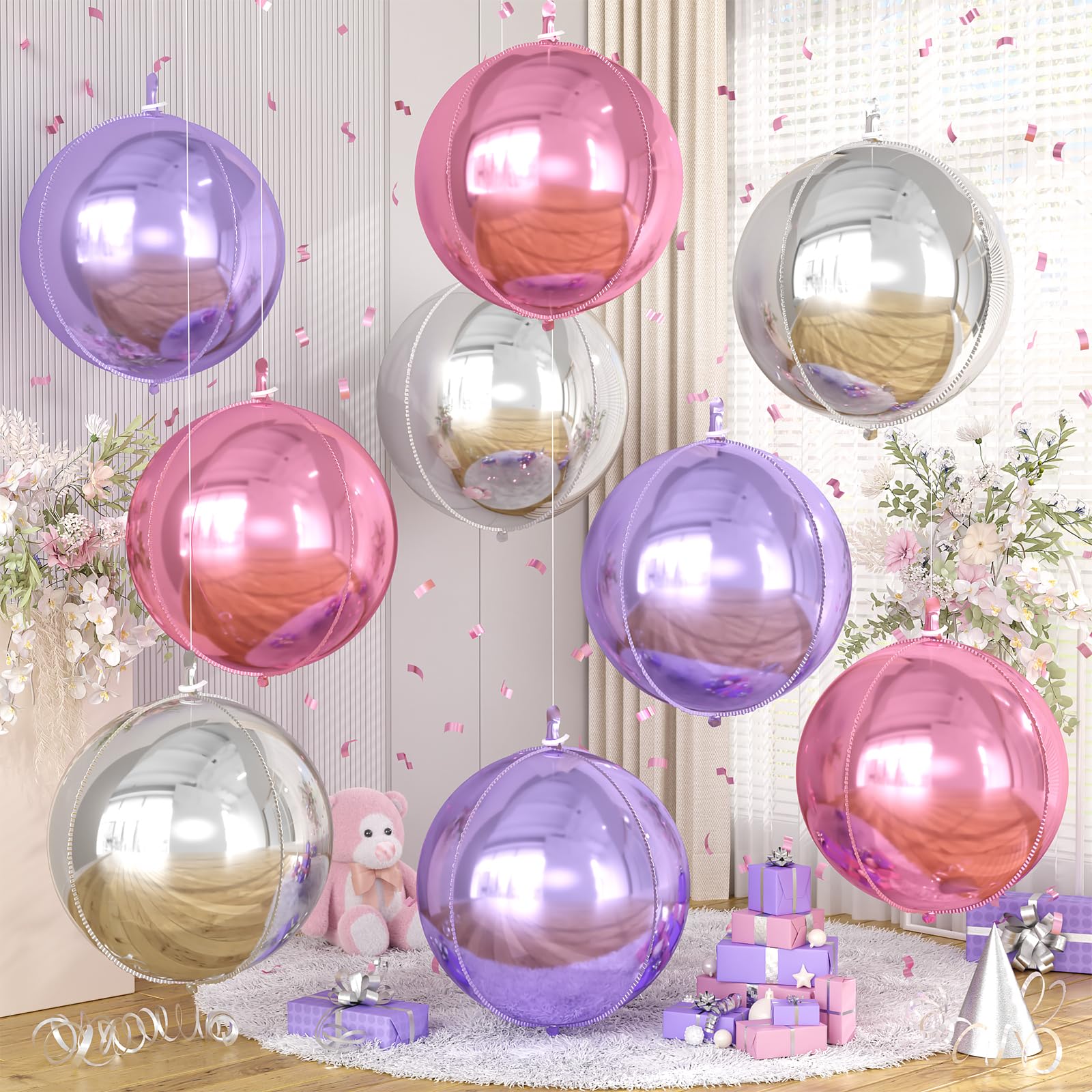 9 Pcs Pink Purple Silver Round Foil Balloons,22 Inch Round Balloons