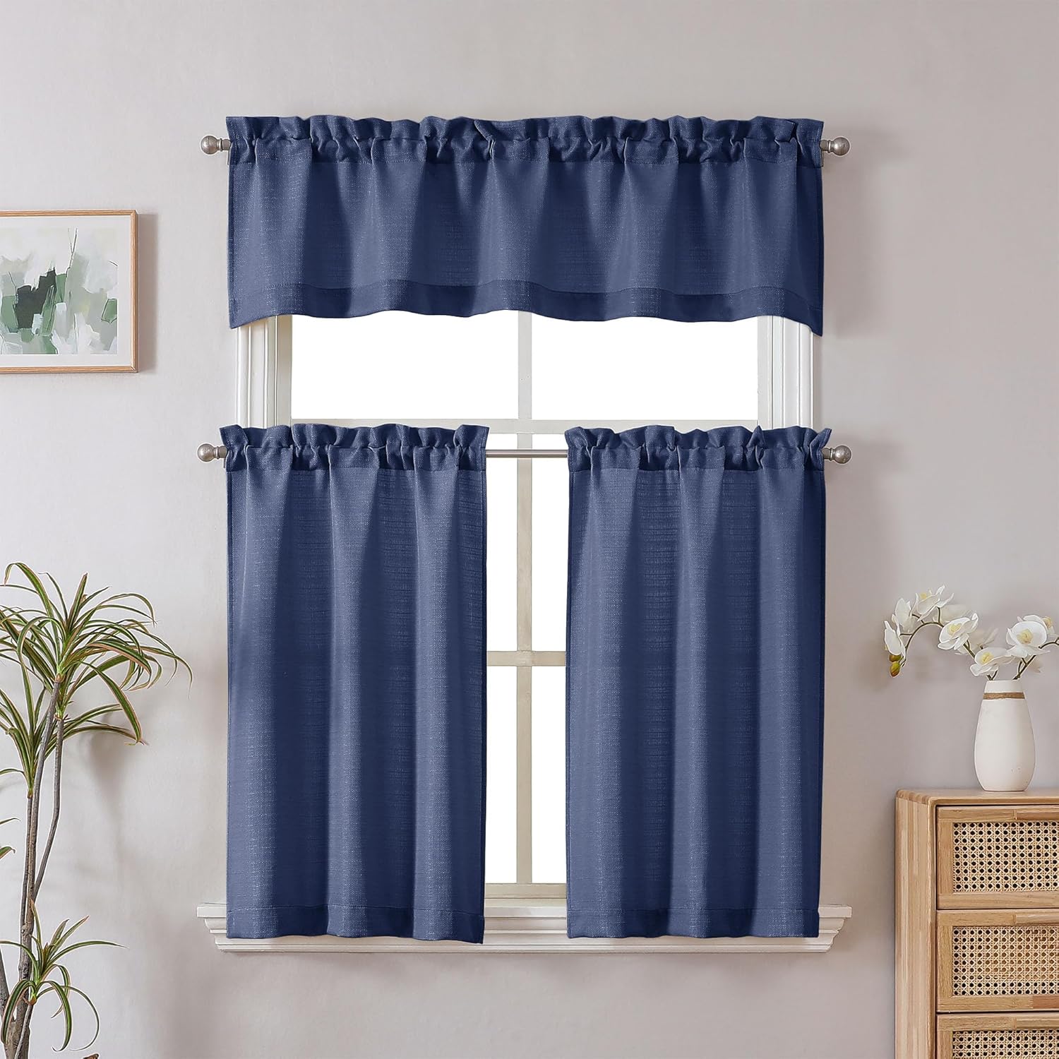 Chyhomenyc Blue Valance for Windows, Light Filtering Faux Linen Solid Short Curtain Valance, Burlap Decorative Small Curtain for Kitchen Bathroom Laundry Basement, 60Wx12L inch, 1 Piece Blue 60"W x 12"L (Pack of 1)