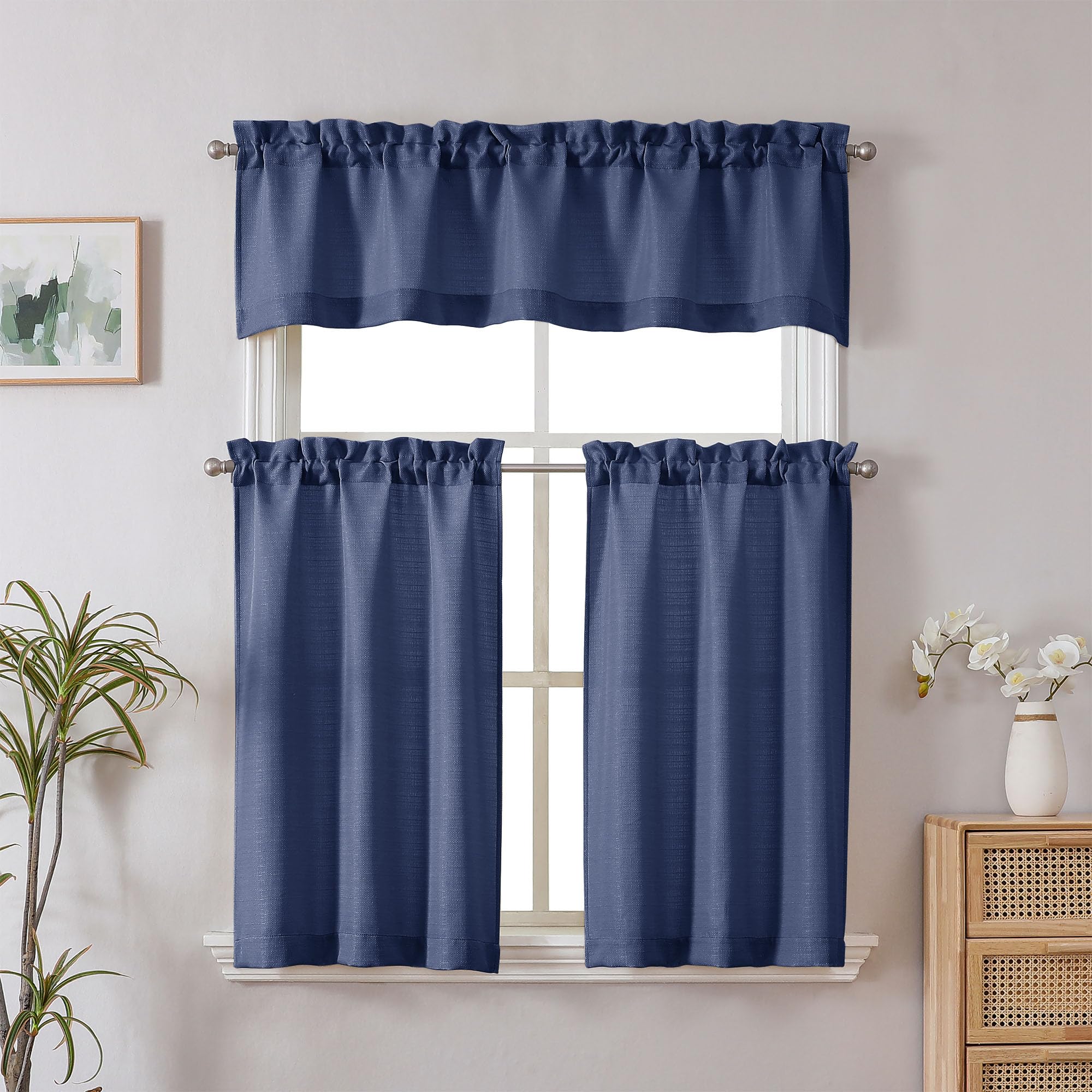 Navy Blue Faux Linen Window Valance - 60x14 Inch Light Filtering Short Curtain With Rod Pocket For Kitchen, Bathroom & Farmhouse - View #11