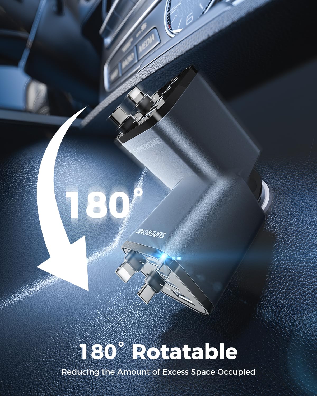 SUPERONE Chargeur de Voiture rétractable, [Ultra Compact] Chargeur de Voiture USB C à 6 Ports, Chargeur de Voiture pour téléphone Portable, Charge Rapide avec câble USB C et câble Apple, Accessoires