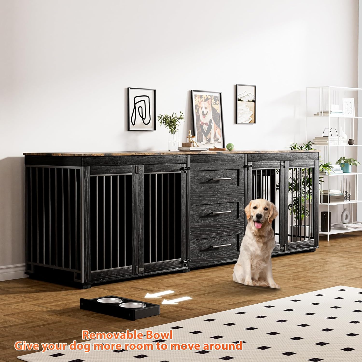 Rophefx 94.5" Dog Crate Furniture for 2 Dogs, Large Dog Kennel Furniture with 3 Storage Drawer, Wooden Dog Cage with 4 Bowls, Indoor Dog House TV Stand with Locks for Large Medium Dog, Black