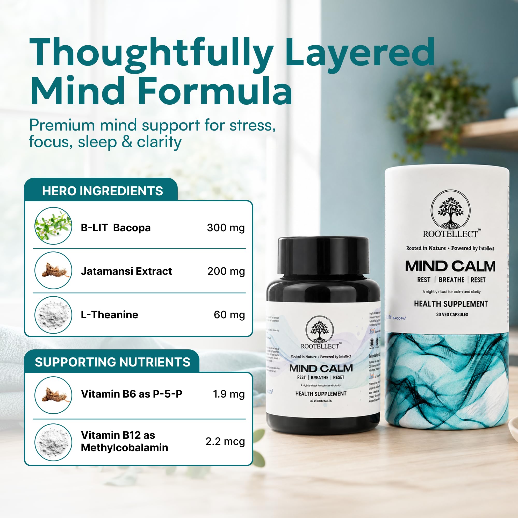 Mind Calm Supplement with B-LIT® Bacopa (Brahmi) 300 mg, L-Theanine & Jatamansi for Mental Clarity, Focus, Memory & Stress Relief | Brain & Focus | Non-Melatonin Sleep Supplement | 30 Veg Capsules — Amazon image 6