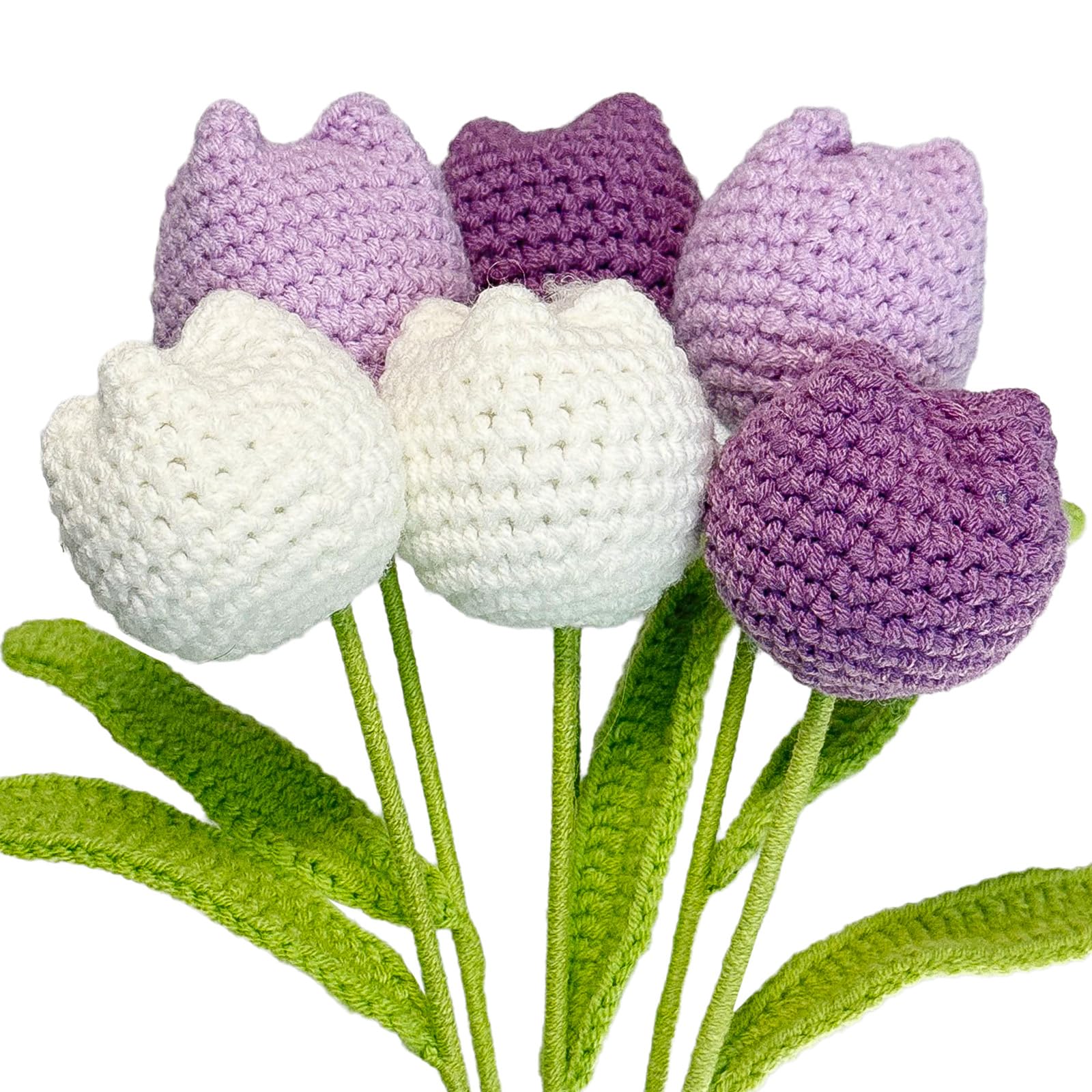 XIZIX Crochet Flowers, 6Pcs Bring Individual Wrapping Paper Crochet Flower Bouquet Purple Tulips Artificial Flowers Decor Hand Woven Flowers Knitted