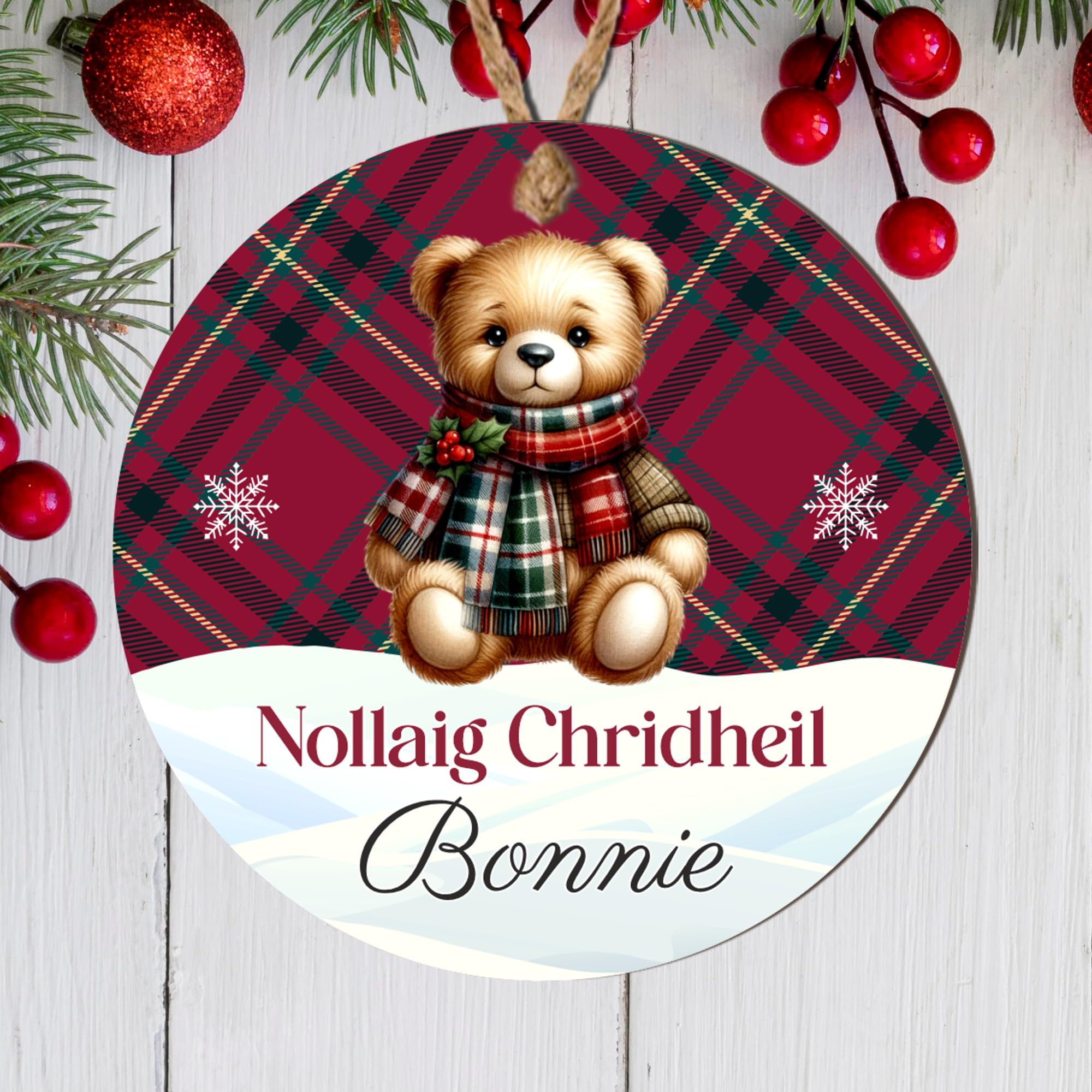 Scottish Heritage Nollaig Chridheil Bauble Tartan Designs Stag Head Highland Cow Thistle - Personalised Christmas Tree Name Keepsake (Teddy, MDF Wood - Indoor use only)