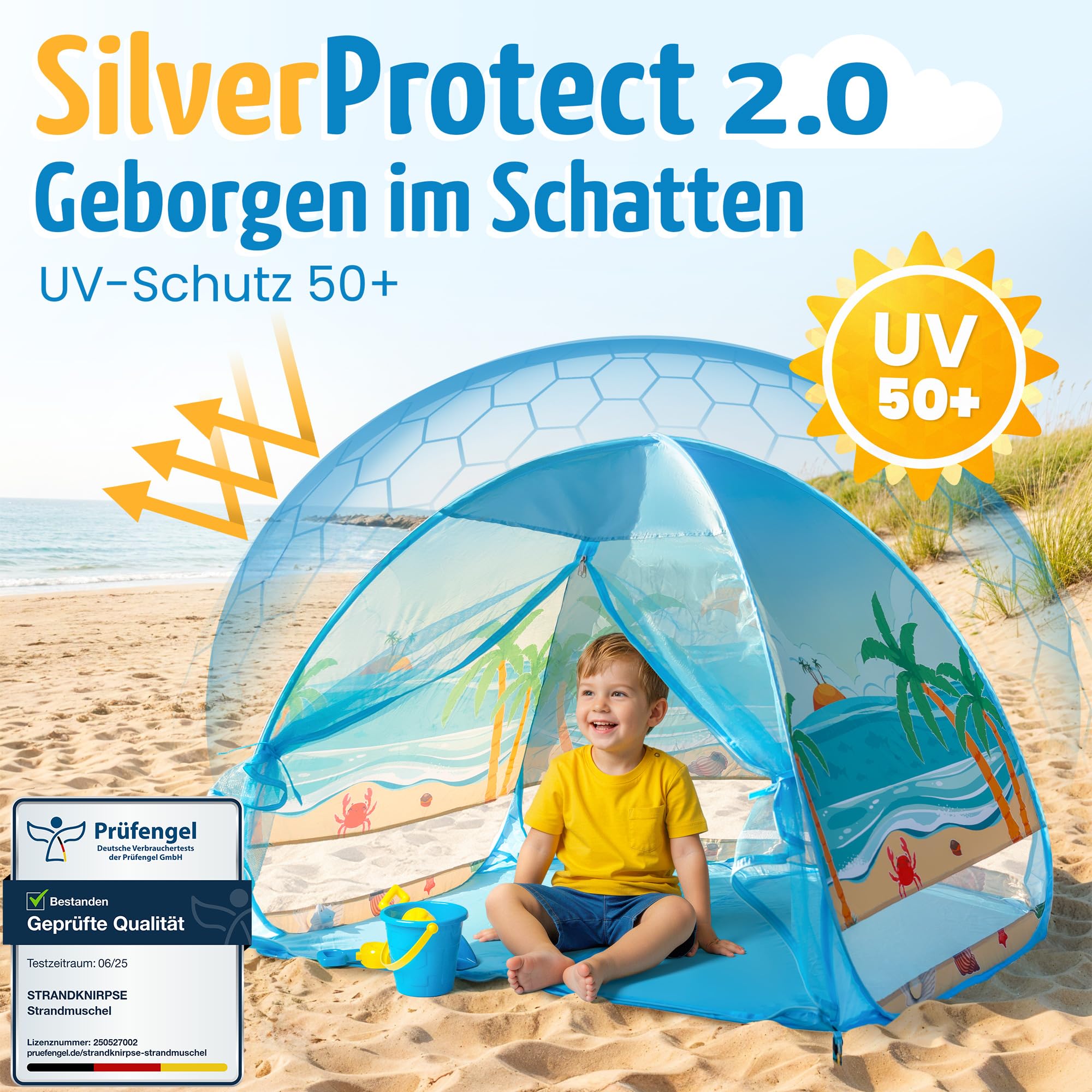Pop-Up Strandmuschel mit UV Schutz 50+ für Kinder und Babys | Inkl. Tragetasche und Heringe. Strandzelt Strand Windschutz Sonnenschutz klein