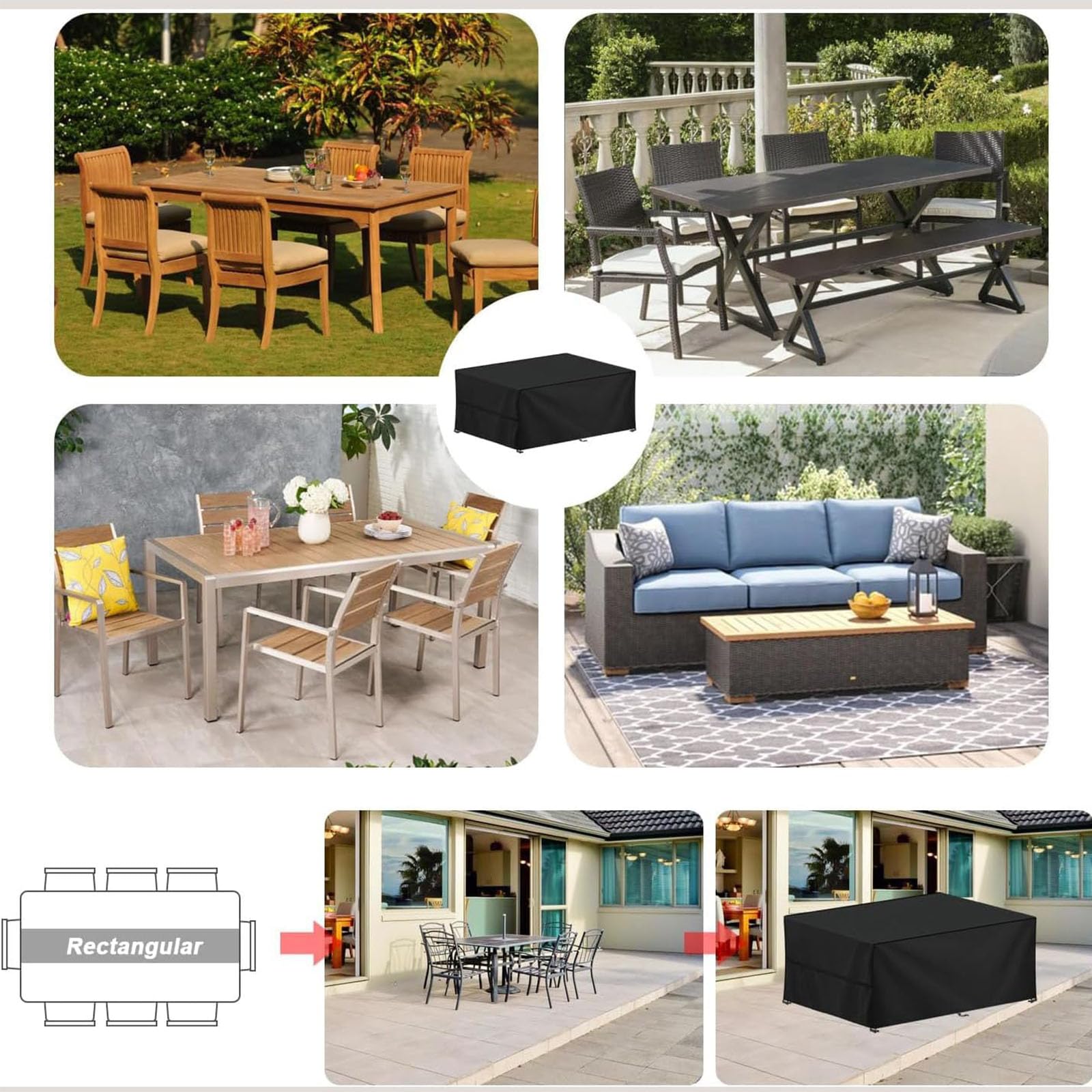 Funda impermeable para muebles de jardín, 260 x 200 x 80 cm, protección 600D, resistente a la lluvia, nieve, polvo, patio, rectangular, con hebillas resistentes al viento, para muebles de