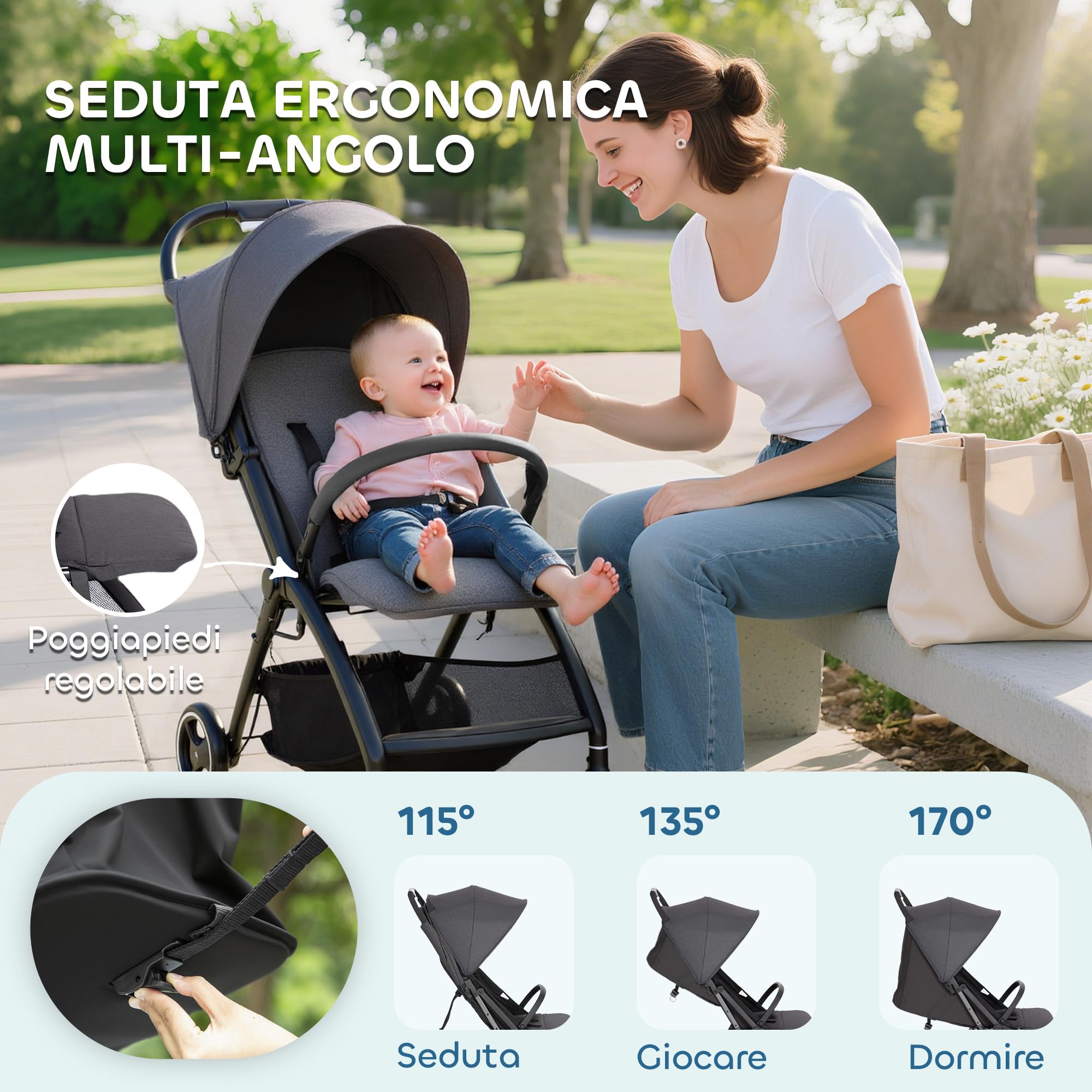 AIYAPLAY Passeggino Leggero Pieghevole 6,3kg per Bambini 0-3 Anni, Fino a 15 kg, Grigio