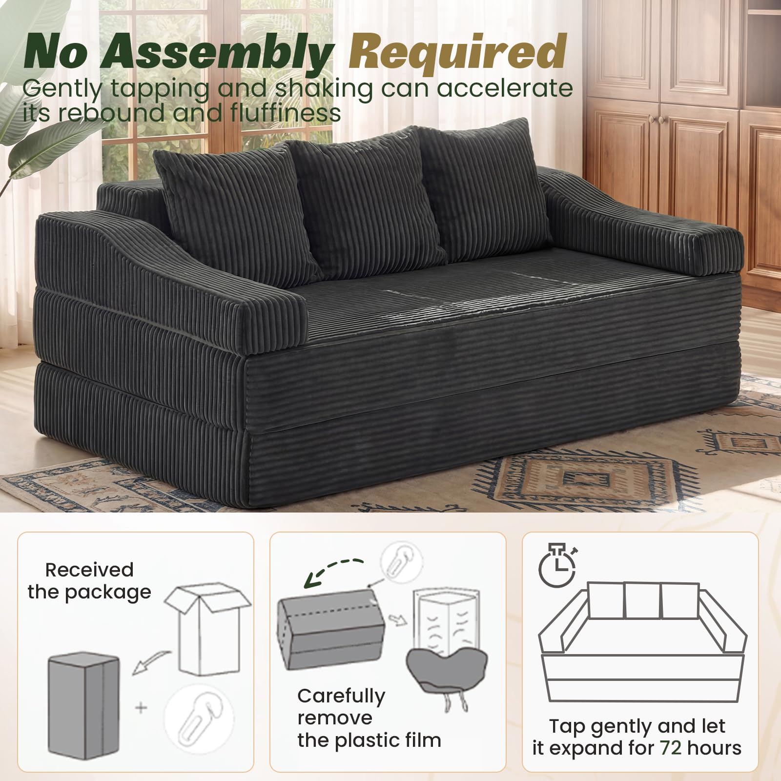 Apicizon 78.7" Folding Convertible Sofa Bed, Boneless Sleeper Sofa Couch with Pillows, 3 Seater Pull Out Futon Couches Bed, Floor Mattress Couch Loveseat for Living Room Bedroom Lounge, Dark Grey
