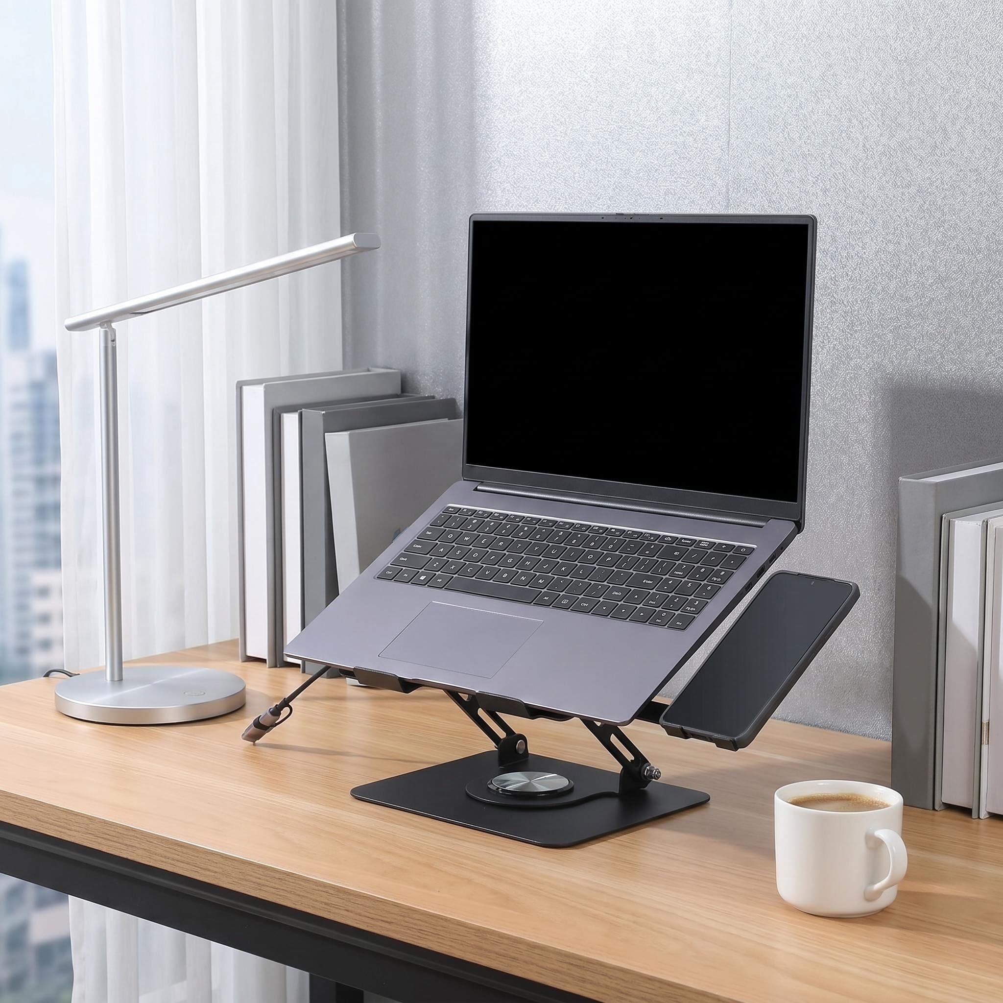Supporto ergonomico per portatile con hub USB e supporto per cellulare, girevole a 360°, in metallo, regolabile, per ufficio e casa