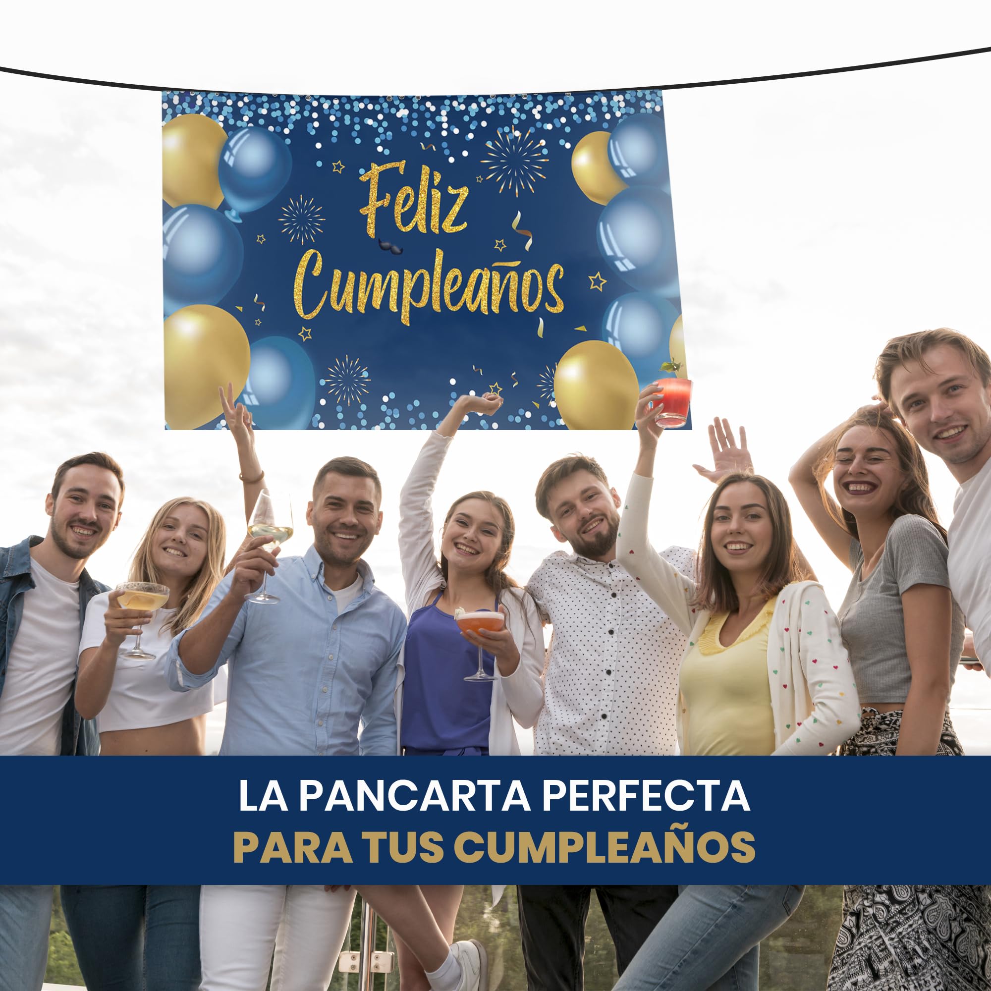 Zliisang Geburtstags-Banner – 3 X 0,5 M, Blaues Licht & Goldene Ringe, Polyester, Outdoor-tauglich
