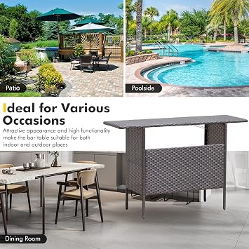 FANTASK Outdoor Wicker Bar, Paito Bar Table w/2 Storage Shelves, 2 Sets of Rails and Condole Cup Holders, Rattan Bar Counter Table for Backyard, Poolside, Garden